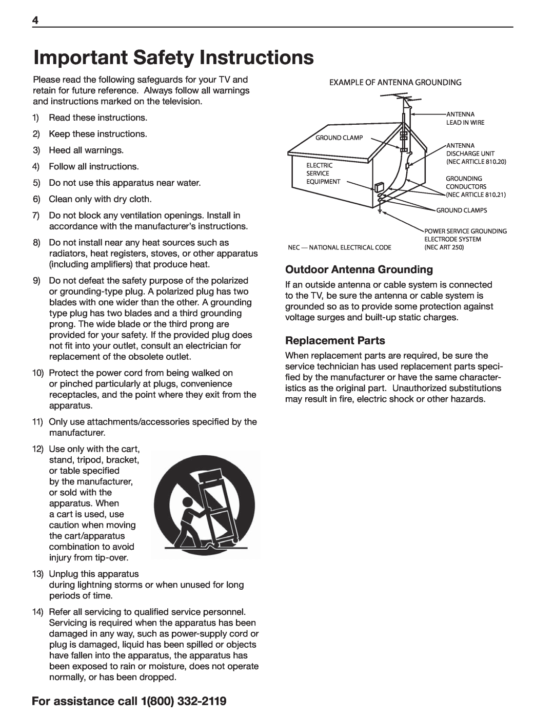 Mitsubishi Electronics WD-73CA1, WD-73C11 Important Safety Instructions, For assistance call, Outdoor Antenna Grounding 