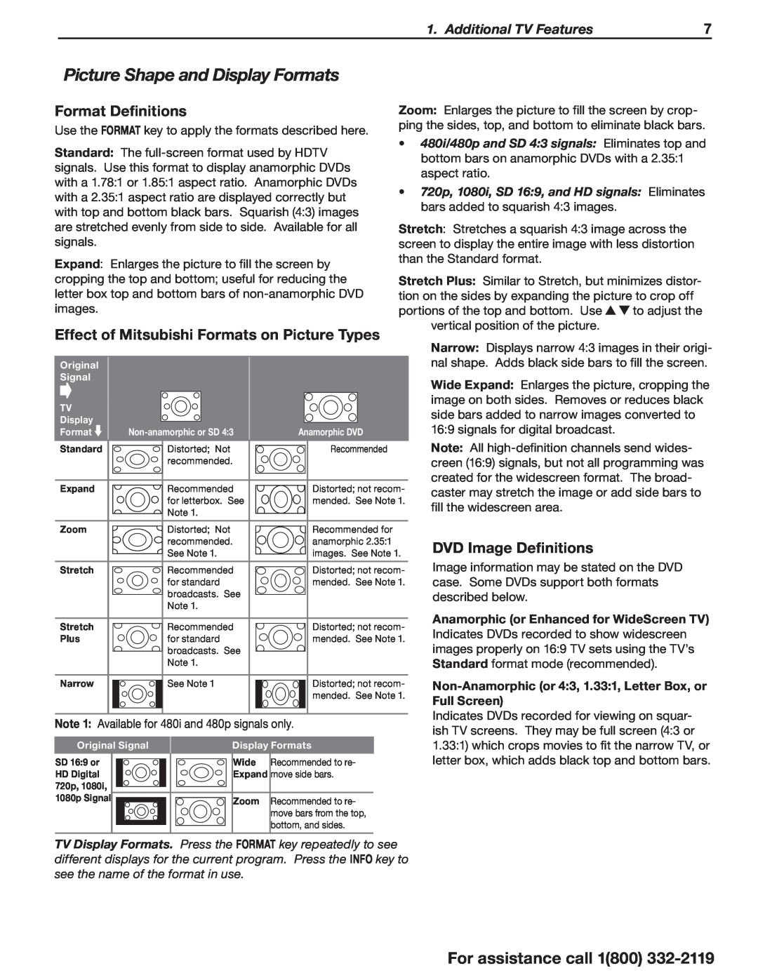 Mitsubishi Electronics WD-73C11, WD-73CA1 manual Picture Shape and Display Formats, For assistance call, Format Definitions 