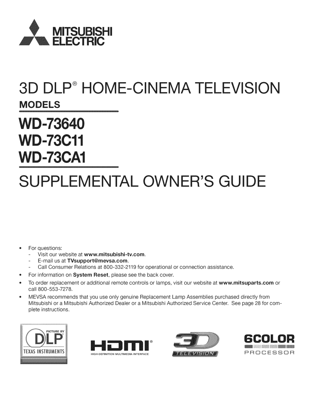 Mitsubishi Electronics WD-73CLL manual WD-73640 WD-73Cll WD-73CA1, Processor 