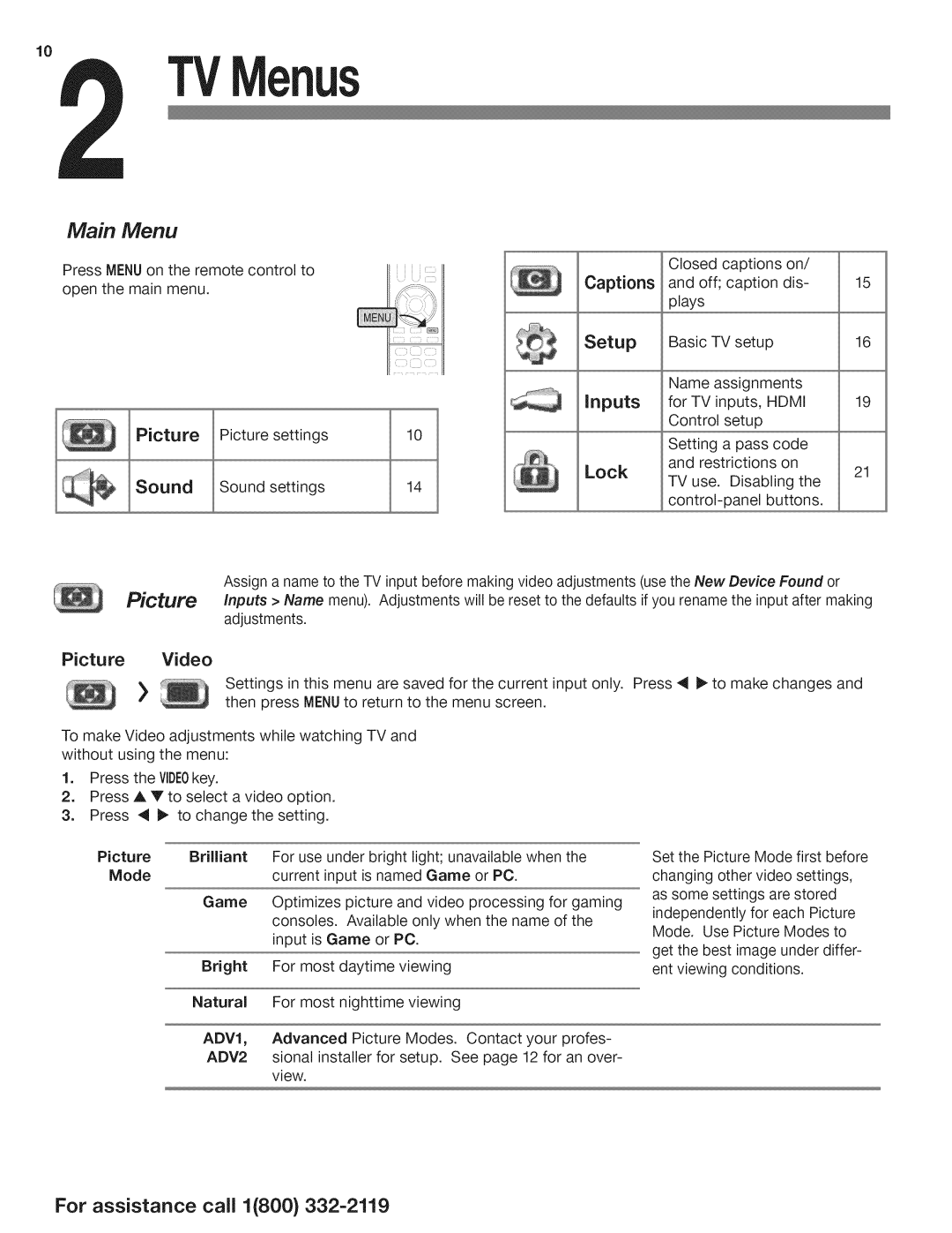 Mitsubishi Electronics WD-73CLL manual Lock, Picture Video, Mode, ADV1 