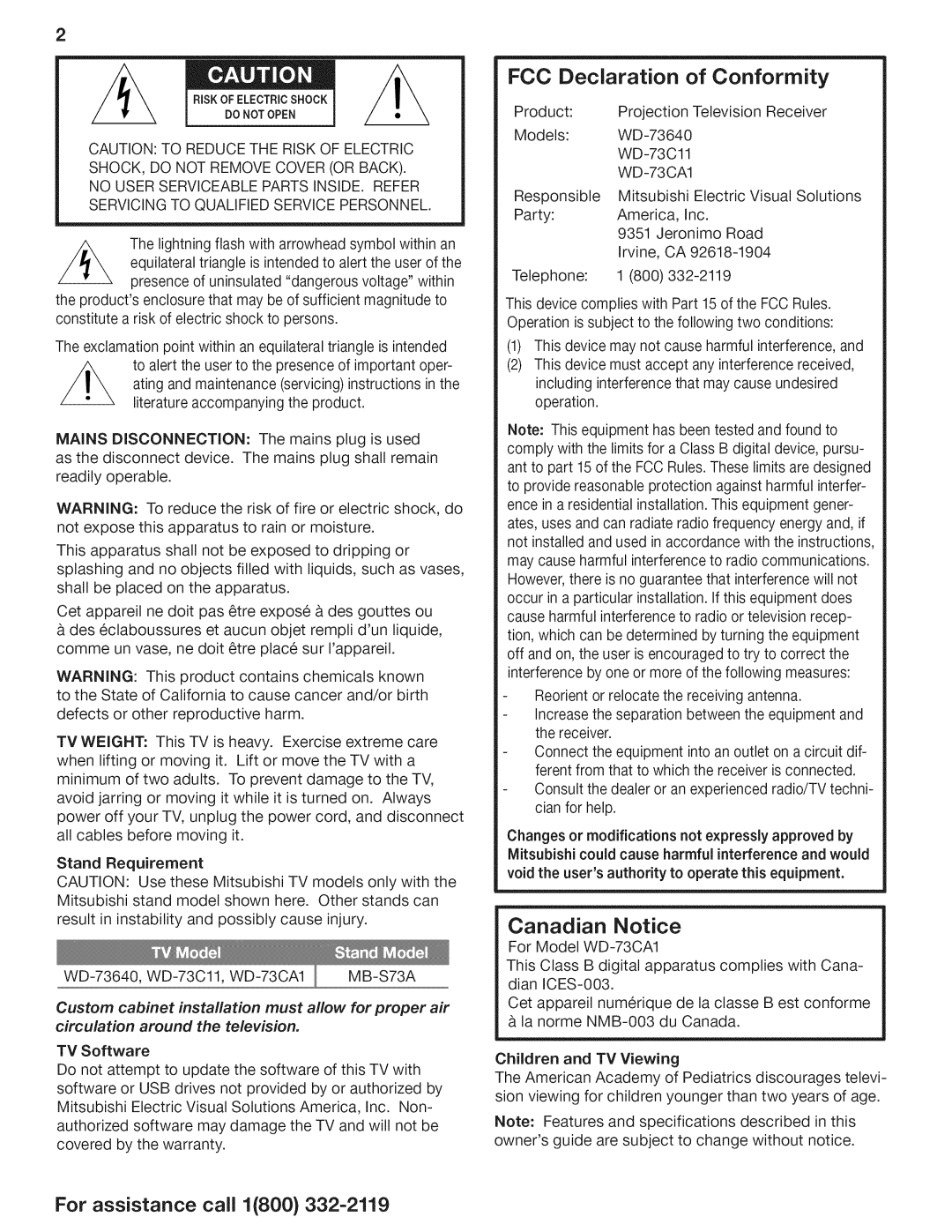 Mitsubishi Electronics WD-73CLL manual FCC Declaration of Conformity 