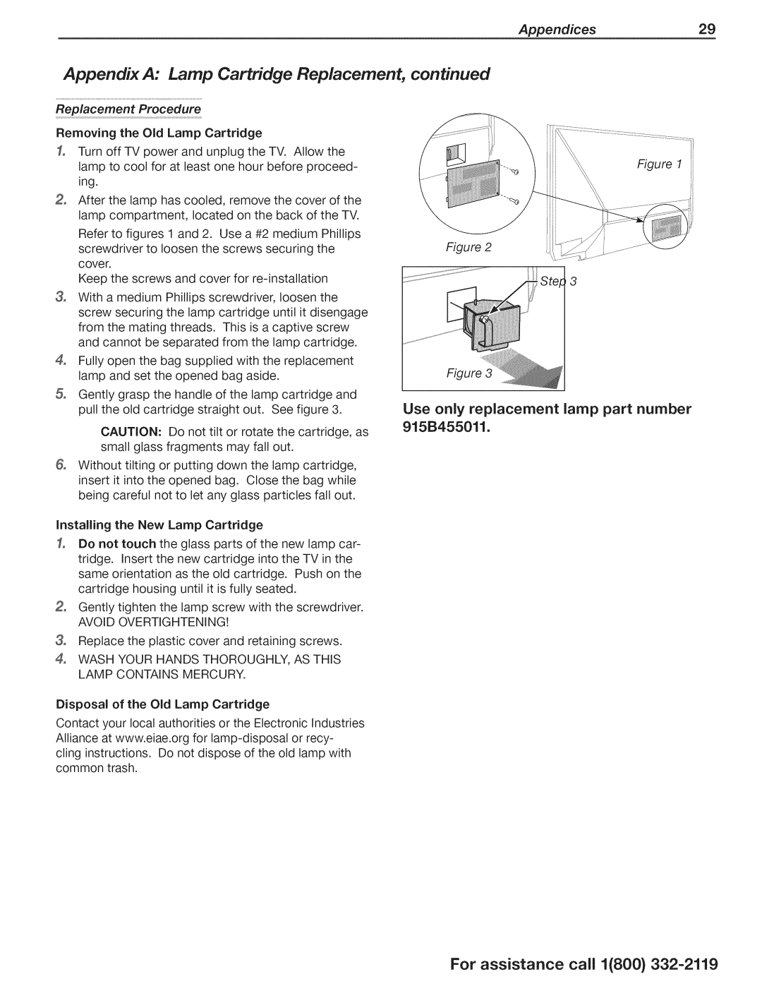 Mitsubishi Electronics WD-73CLL manual Use only replacement lamp part number 915B455011, Replacement Procedure, Ing 