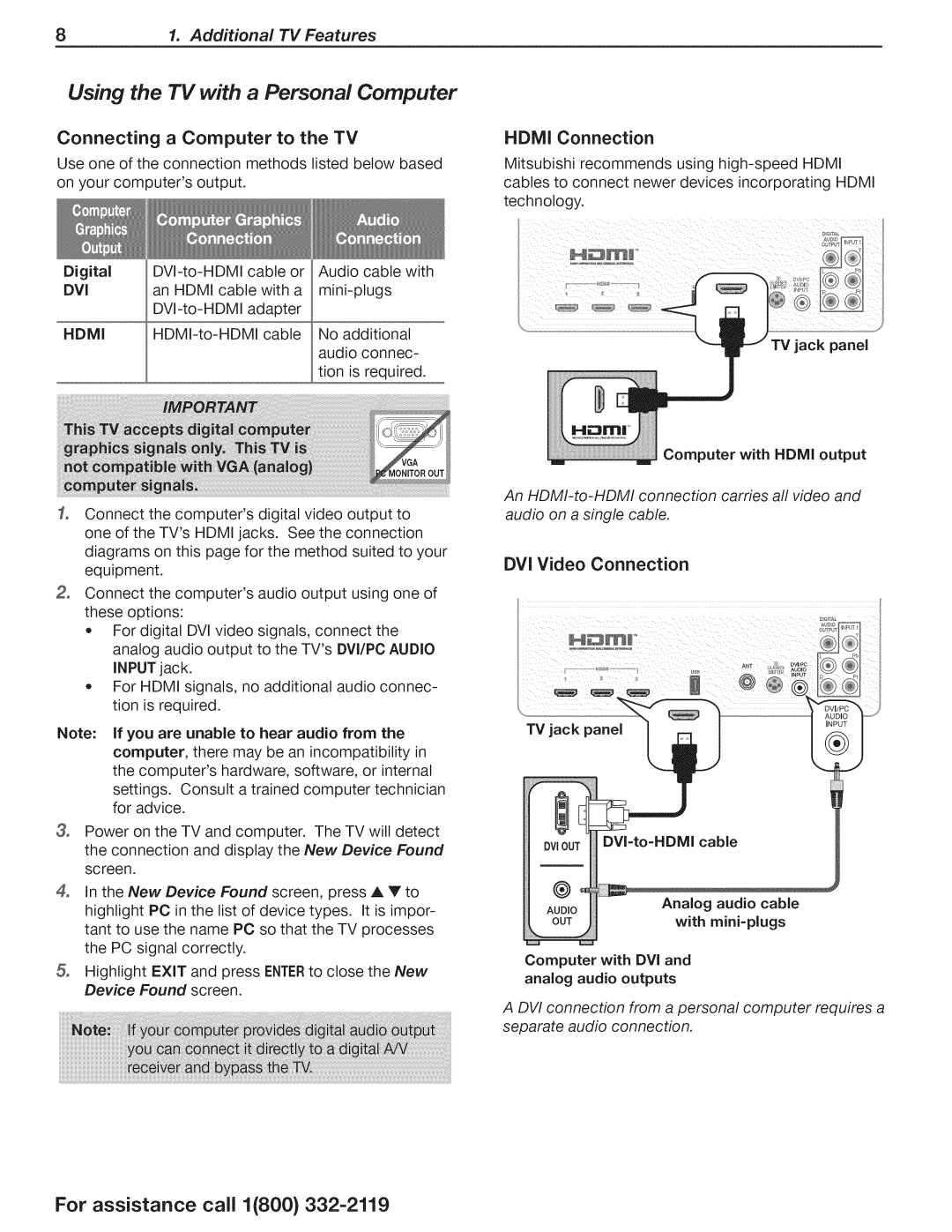 Mitsubishi Electronics WD-73CLL manual Connecting a Computer to the TV, Hdmi Connection, DVI Video Connection, Audio 