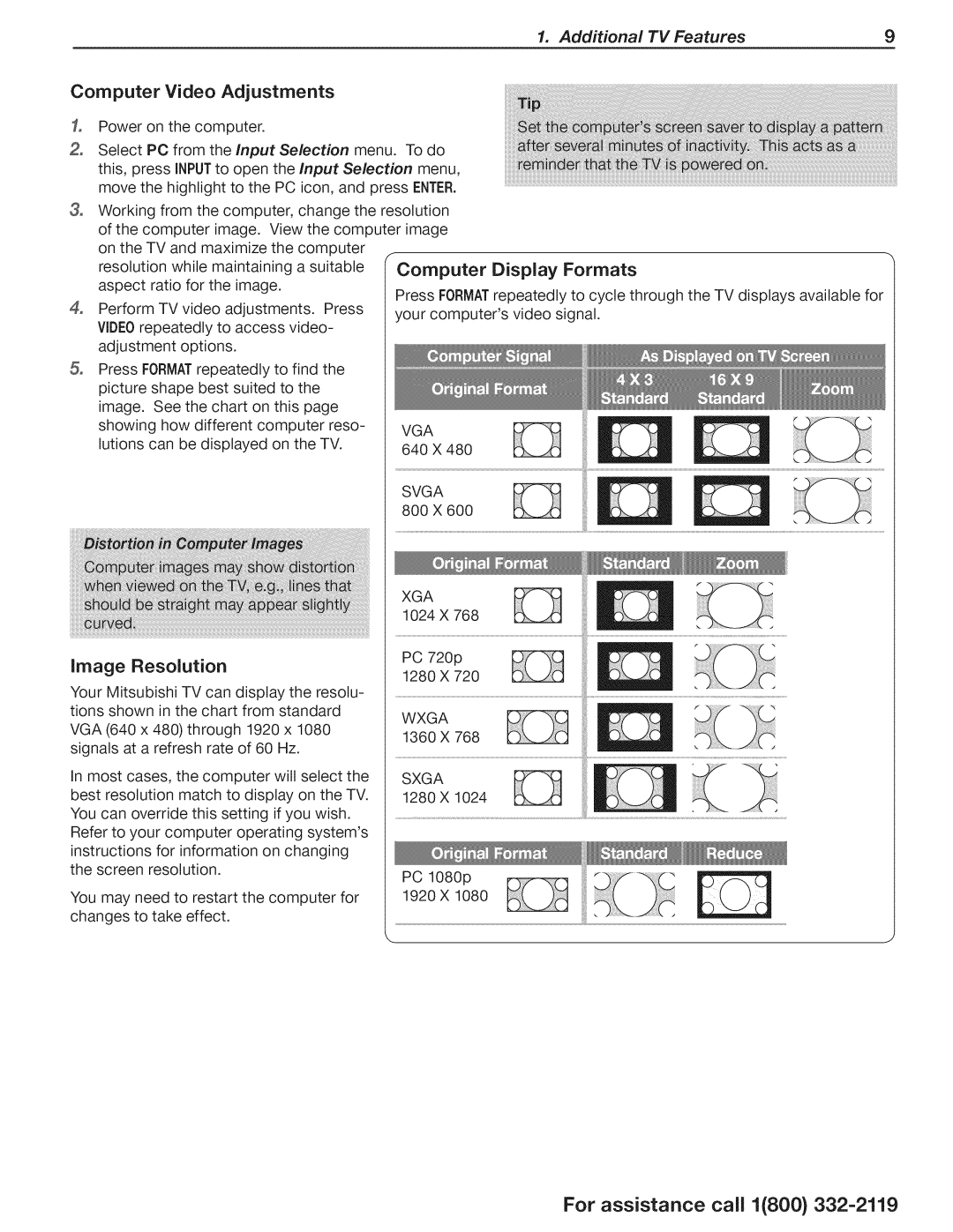 Mitsubishi Electronics WD-73CLL manual Computer Video Adjustments, Image Resolution, Wxga 