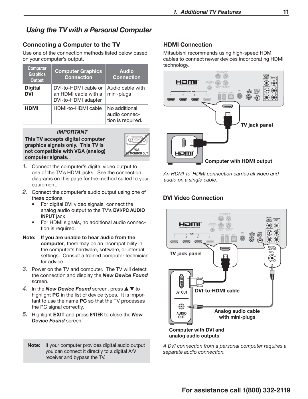 Mitsubishi Electronics 840 SERIES, WD-82CB1 manual Connecting a Computer to the TV, Hdmi Connection, DVI Video Connection 