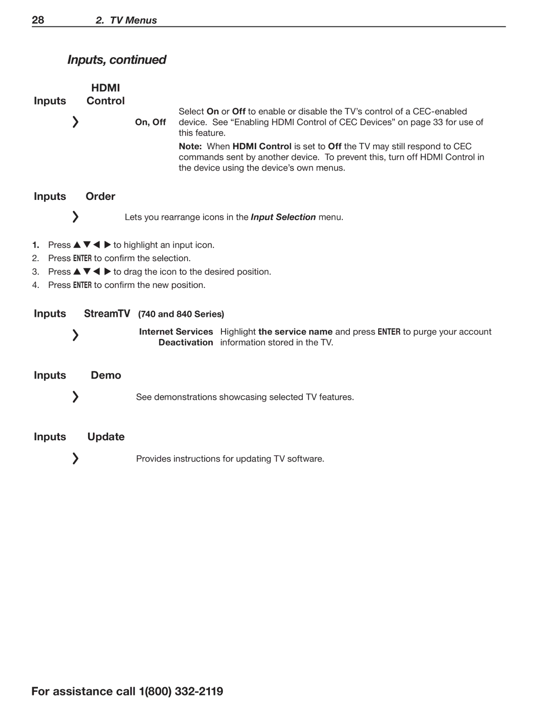 Mitsubishi Electronics WD-73740 Inputs Control, Inputs Order, Inputs Demo, Inputs Update, StreamTV 740 and 840 Series 