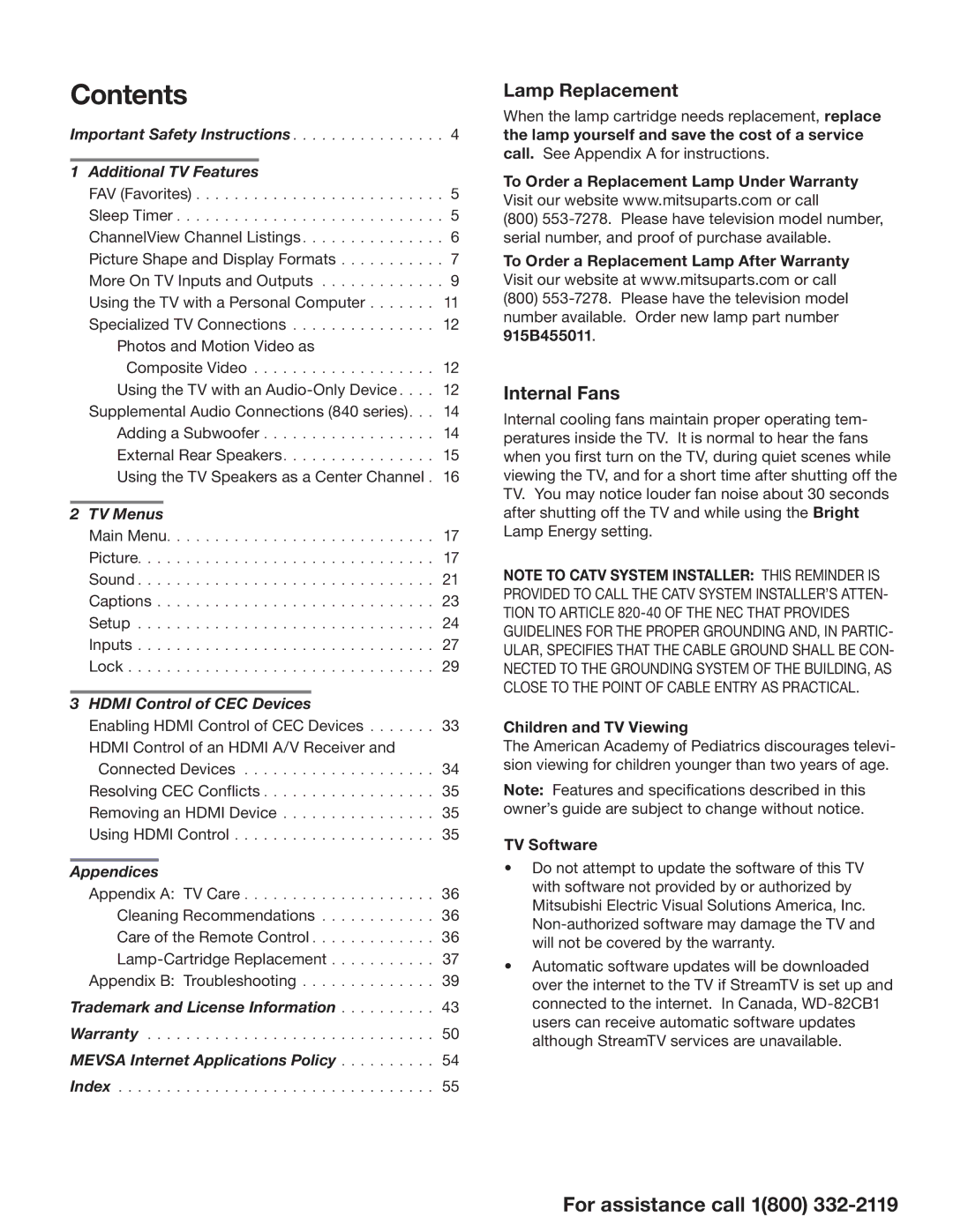 Mitsubishi Electronics WD-82CB1, WD-73740, 840 SERIES manual Contents 