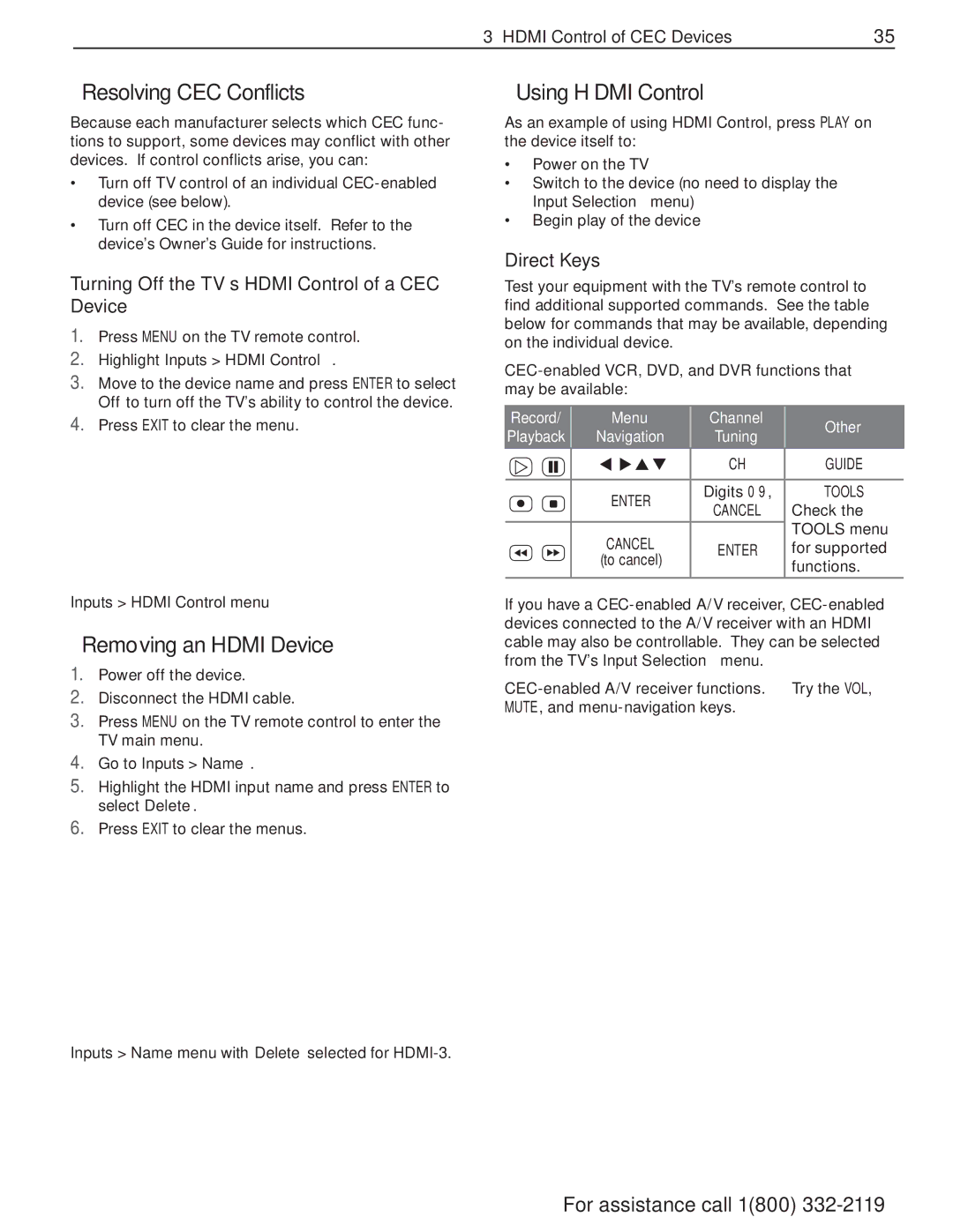 Mitsubishi Electronics 840 SERIES manual Resolving CEC Conflicts, Removing an Hdmi Device, Using Hdmi Control, Direct Keys 