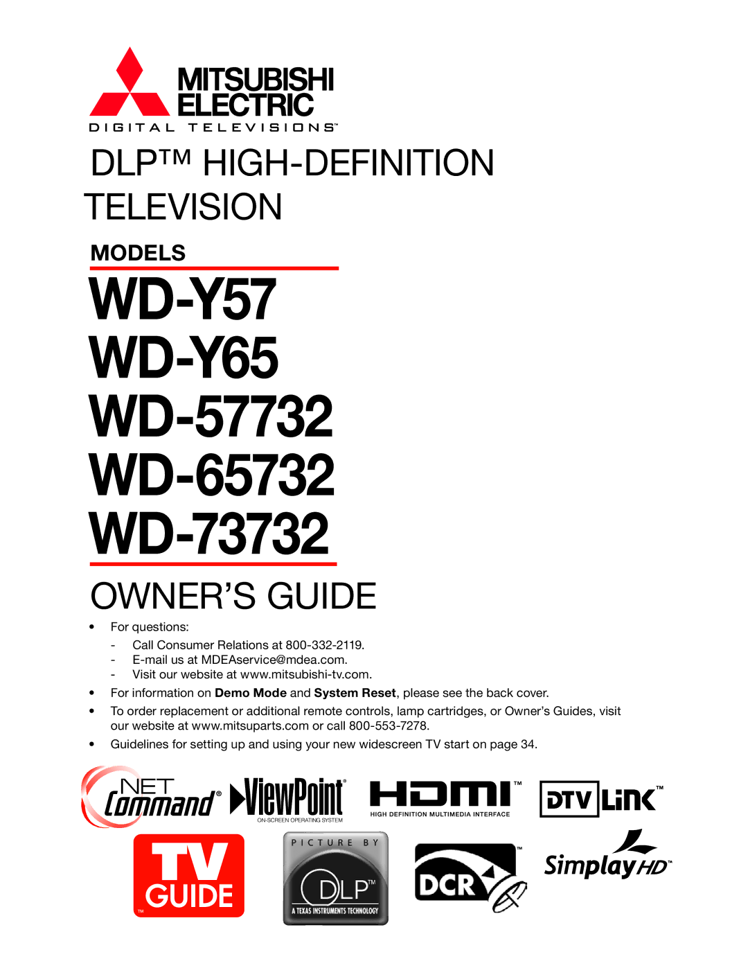 Mitsubishi Electronics manual WD-Y57aa WD-Y65 WD-57732 WD-65732 WD-73732 