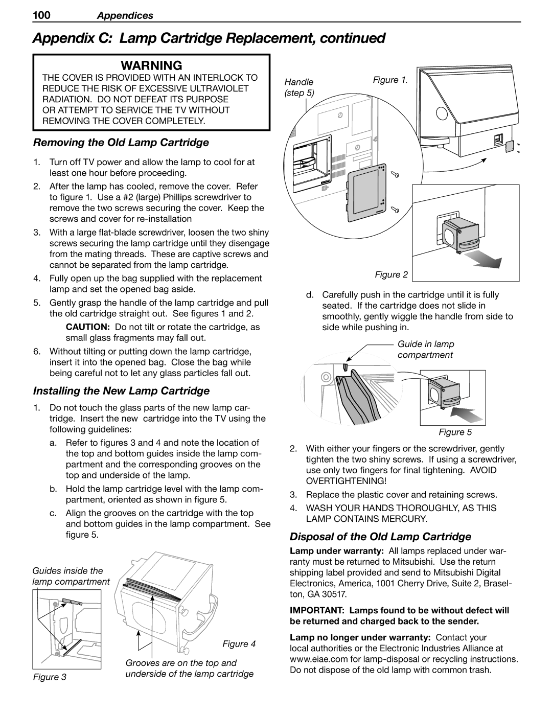 Mitsubishi Electronics WD-Y57aa manual Removing the Old Lamp Cartridge, Installing the New Lamp Cartridge 