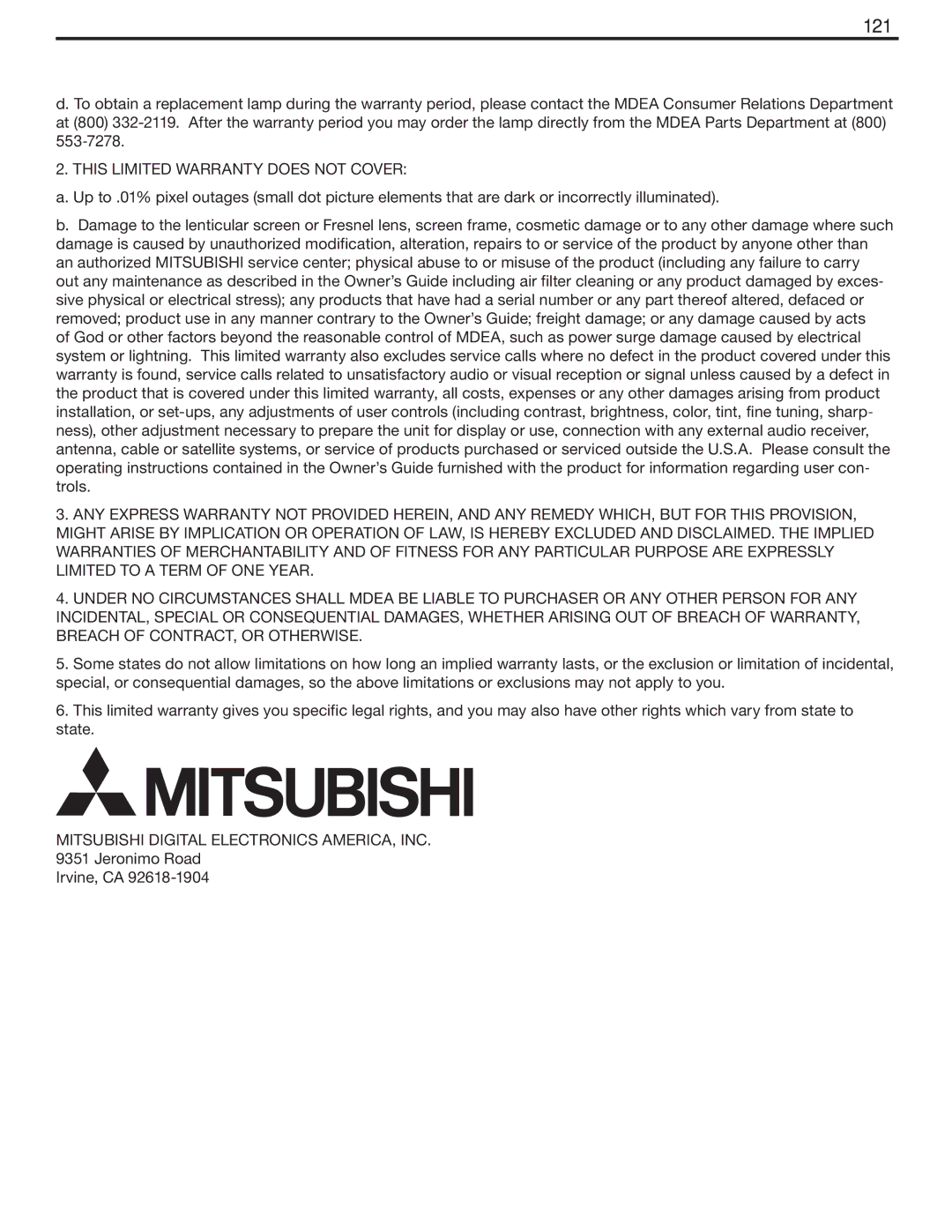 Mitsubishi Electronics WD-Y57aa manual 121, This Limited Warranty does not Cover 