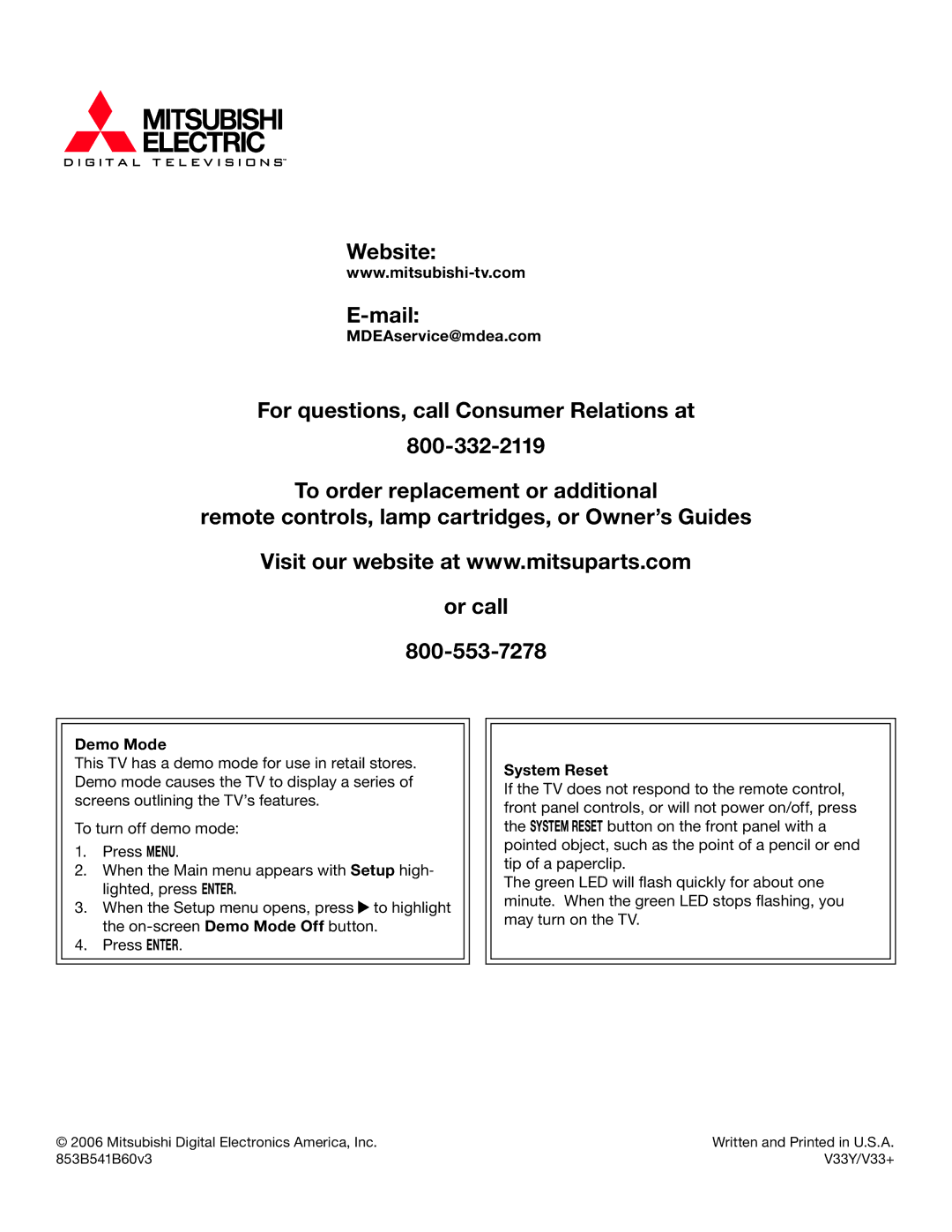 Mitsubishi Electronics WD-Y57aa manual MDEAservice@mdea.com, Demo Mode, System Reset 