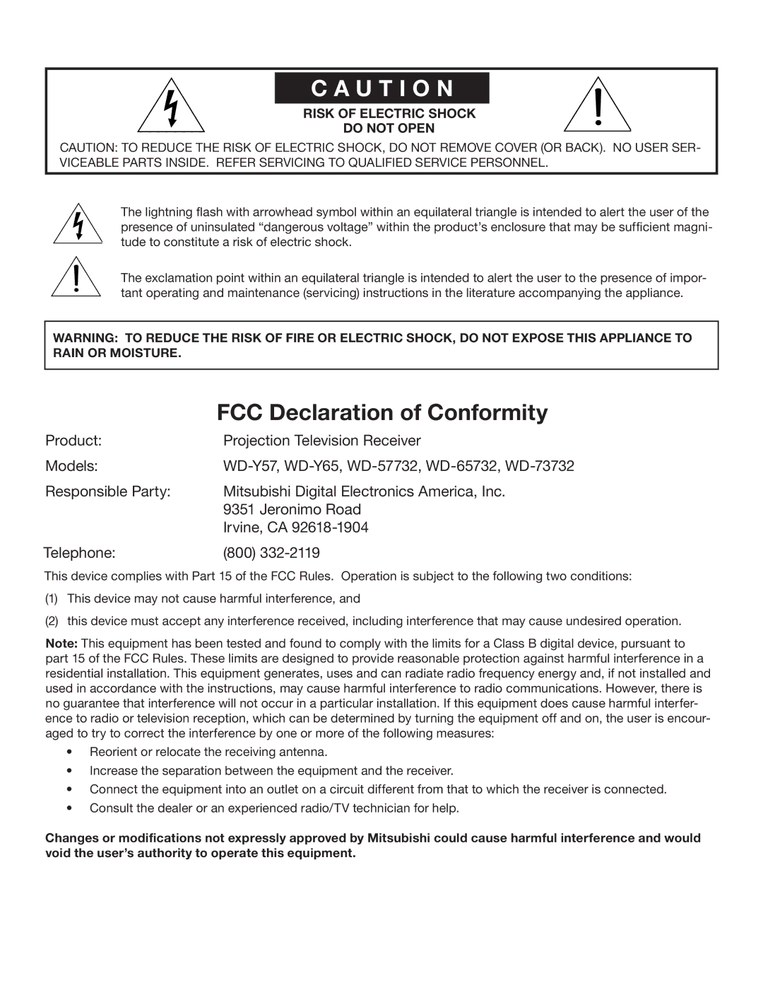 Mitsubishi Electronics WD-Y57aa manual U T I O N 