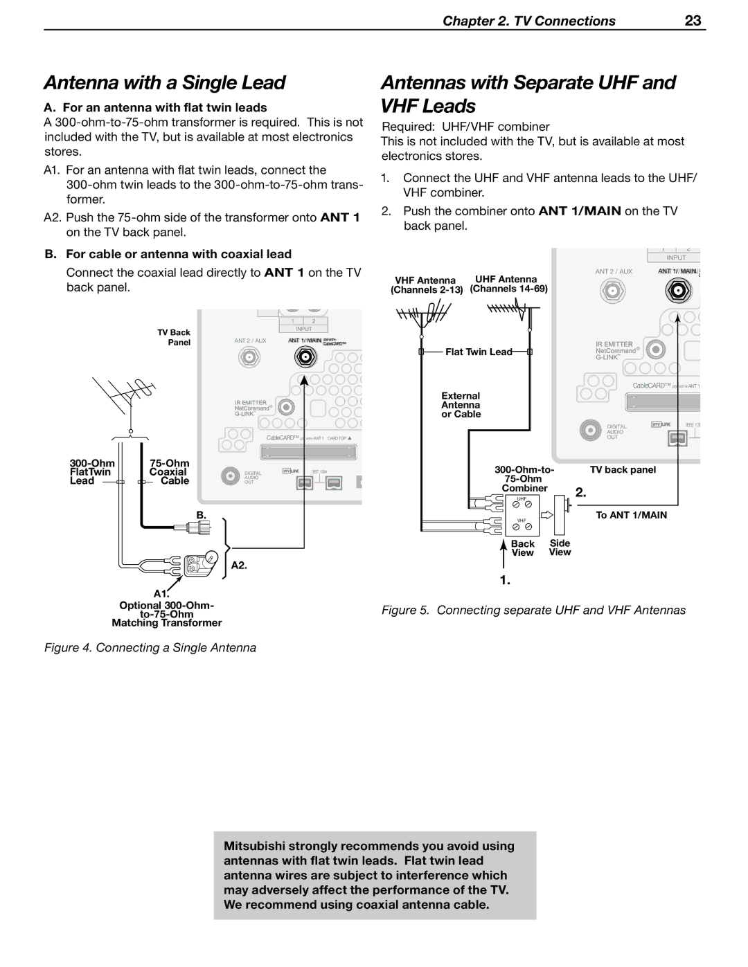 Mitsubishi Electronics WD-Y57aa manual Antenna with a Single Lead, Antennas with Separate UHF and VHF Leads 