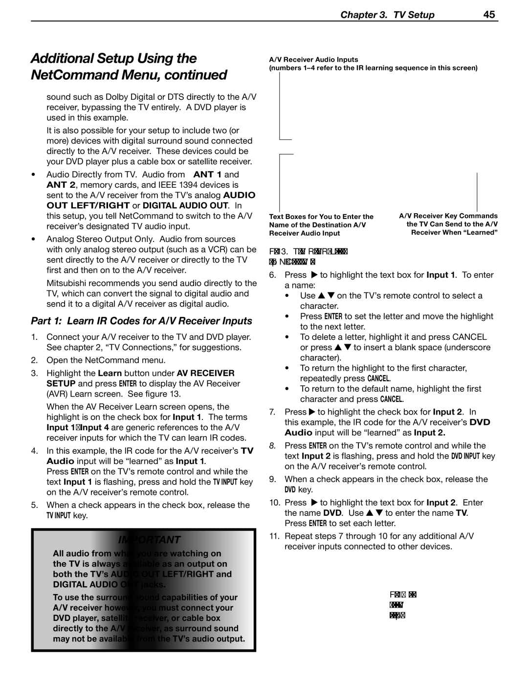 Mitsubishi Electronics WD-Y57aa Part 1 Learn IR Codes for A/V Receiver Inputs, Audio Directly from TV. Audio from ANT 1 