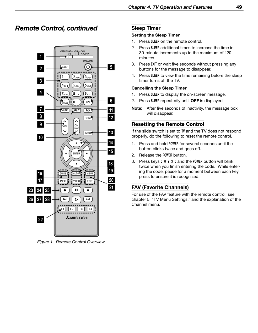 Mitsubishi Electronics WD-Y57aa manual Resetting the Remote Control, FAV Favorite Channels, Setting the Sleep Timer 