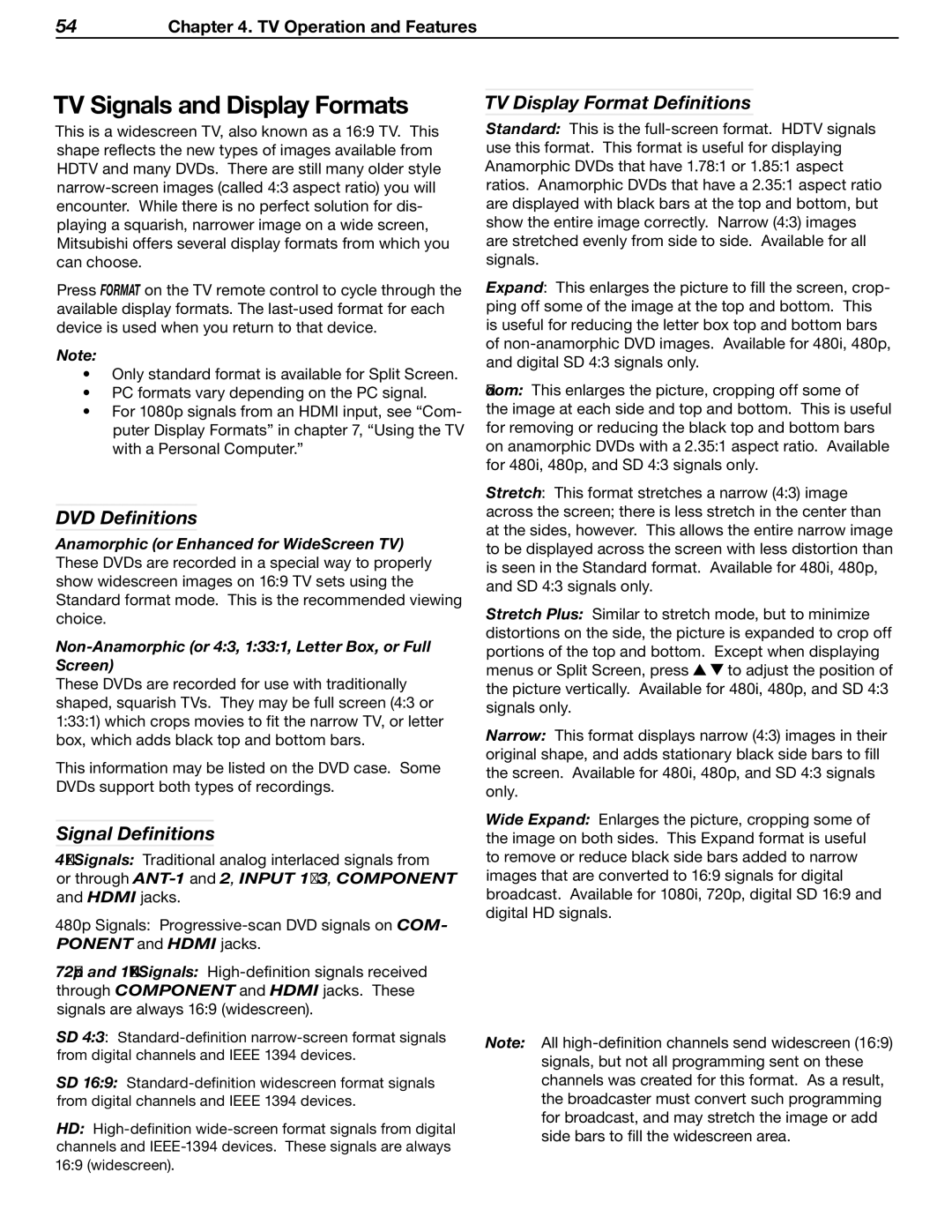 Mitsubishi Electronics WD-Y57aa manual TV Signals and Display Formats, DVD Definitions, Signal Definitions 