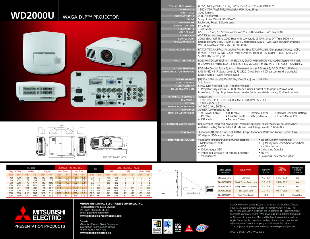 Mitsubishi Electronics WD2000U manual Wxga DLP Projector, Mitsubishi Digital Electronics AMERICA, INC 