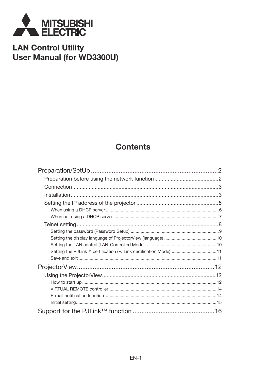 Mitsubishi Electronics WD3300U user manual LAN Control Utility Contents 