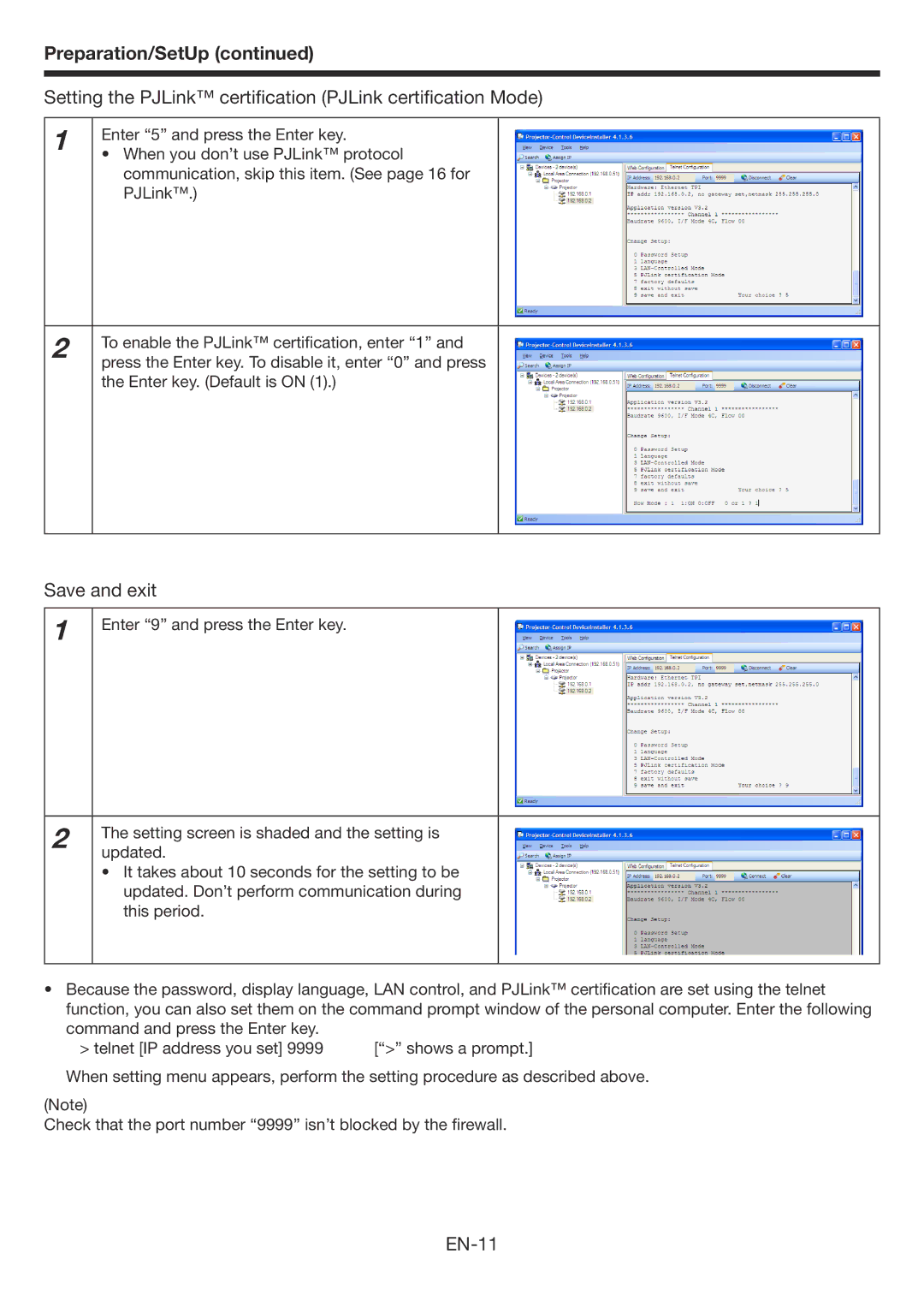 Mitsubishi Electronics WD3300U user manual Setting the PJLink certification PJLink certification Mode, Save and exit, EN-11 