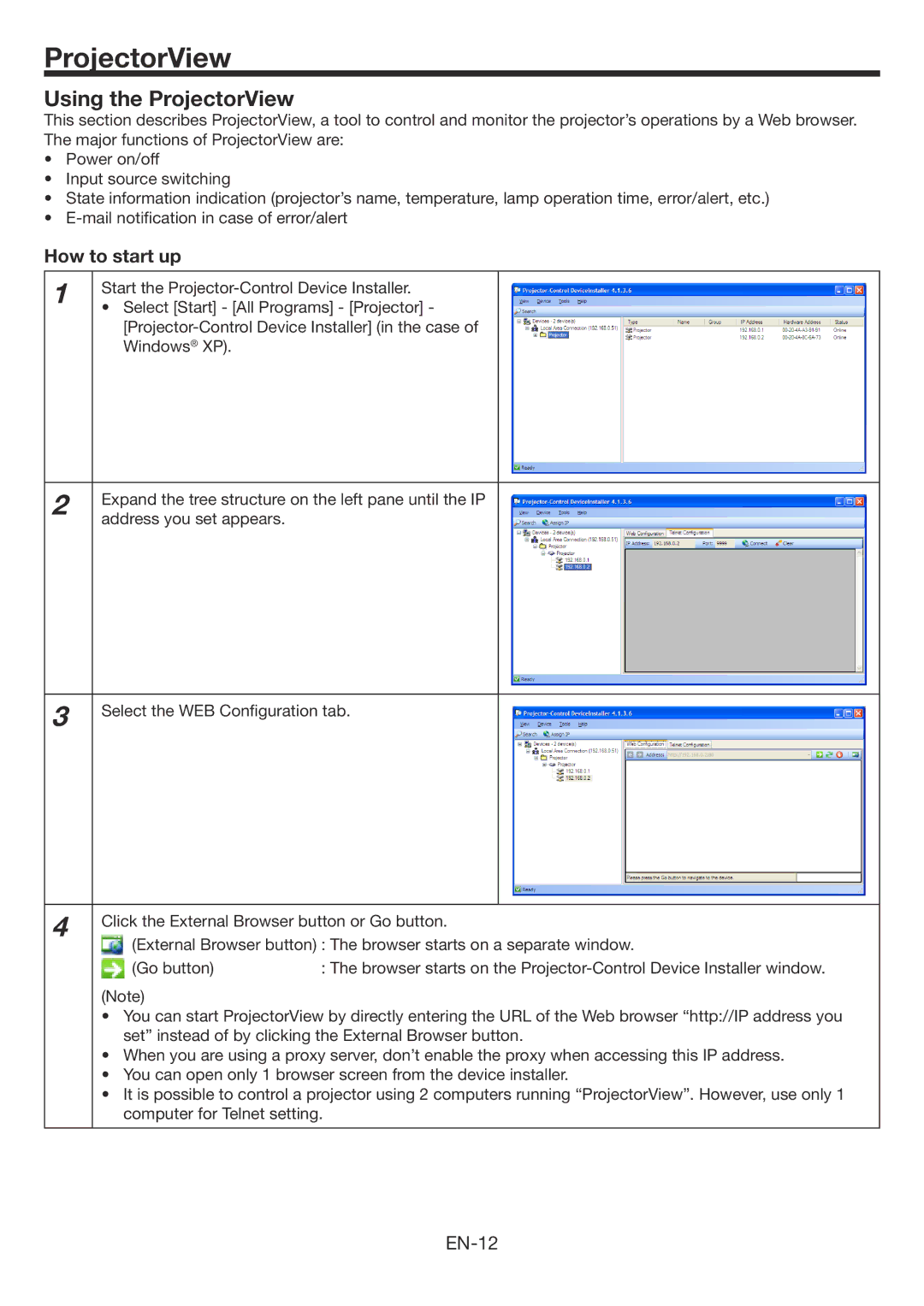 Mitsubishi Electronics WD3300U user manual Using the ProjectorView, How to start up, EN-12 