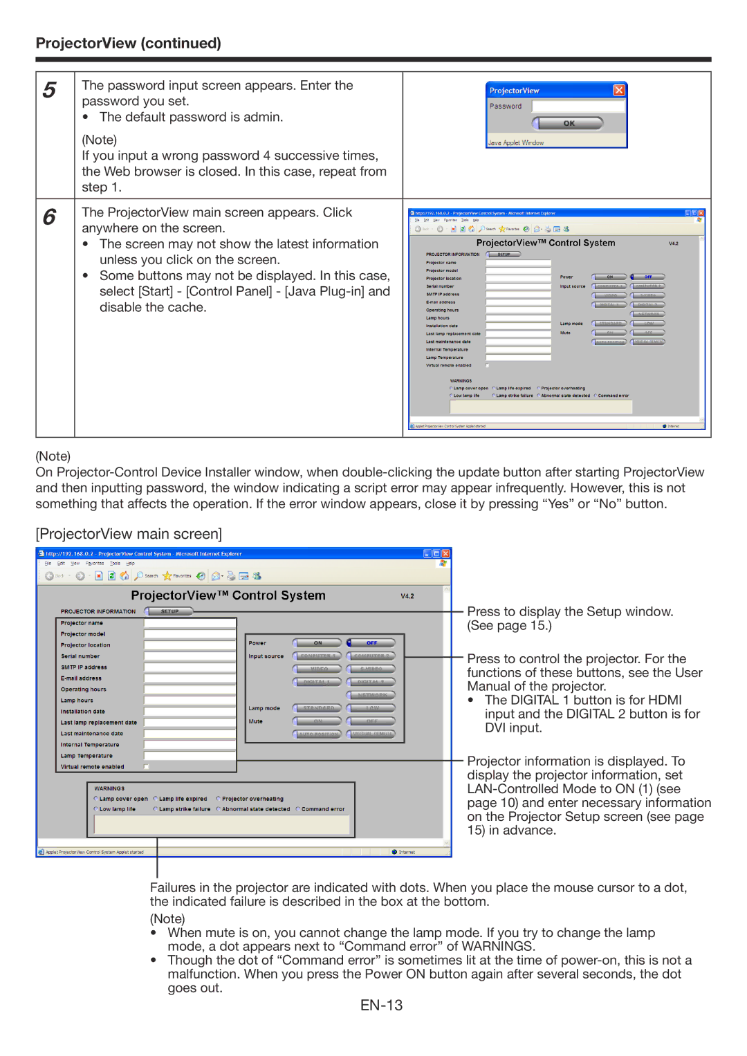 Mitsubishi Electronics WD3300U user manual ProjectorView main screen, EN-13 