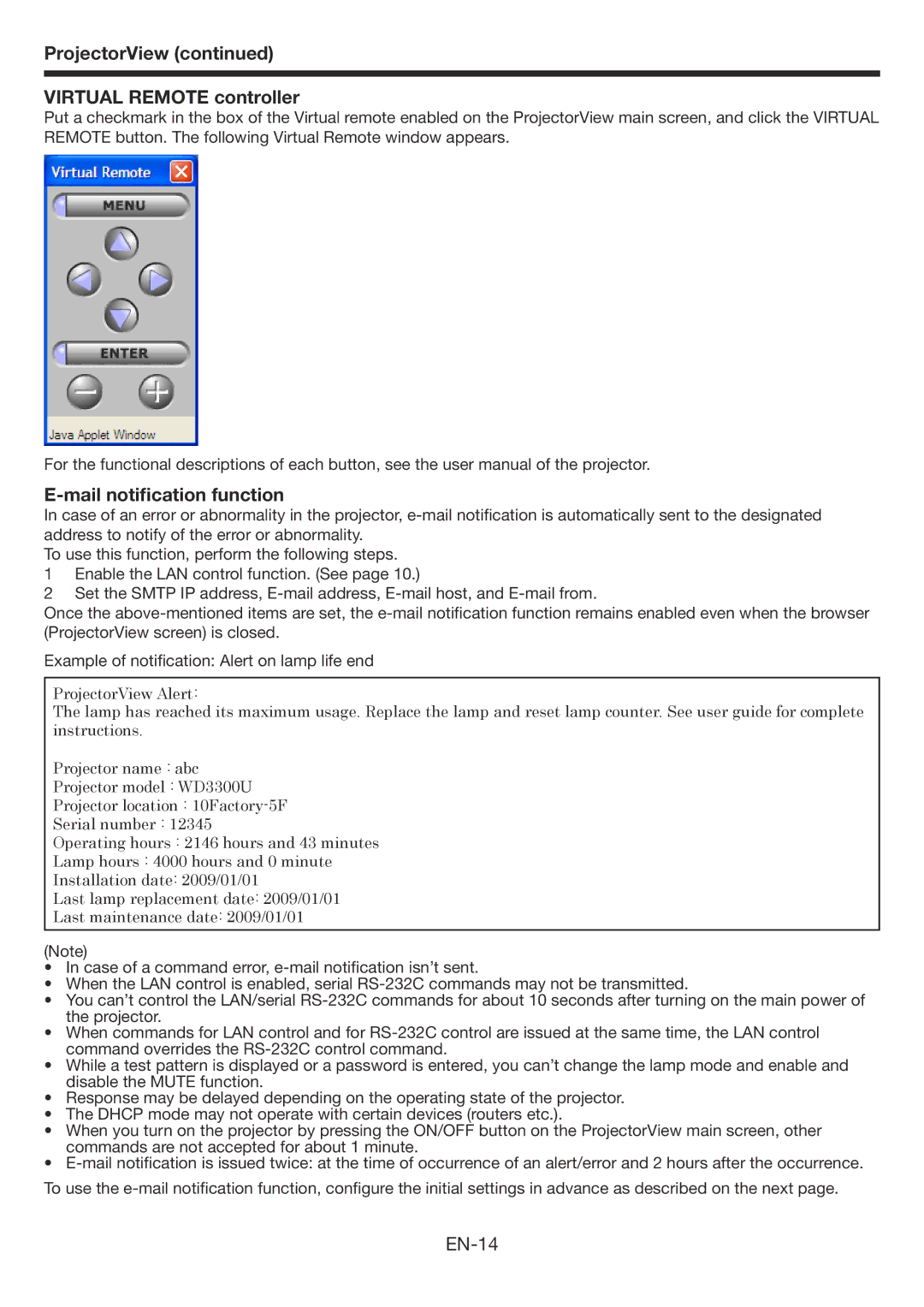 Mitsubishi Electronics WD3300U user manual ProjectorView Virtual Remote controller, Mail notification function, EN-14 