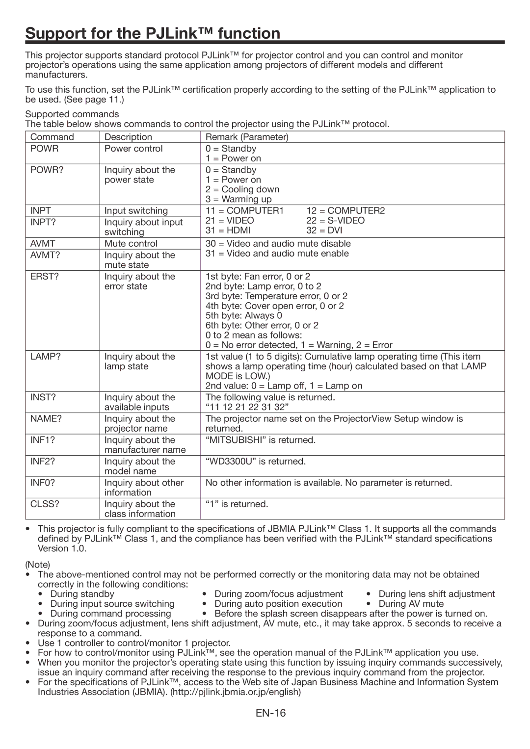 Mitsubishi Electronics WD3300U user manual Support for the PJLink function, EN-16 