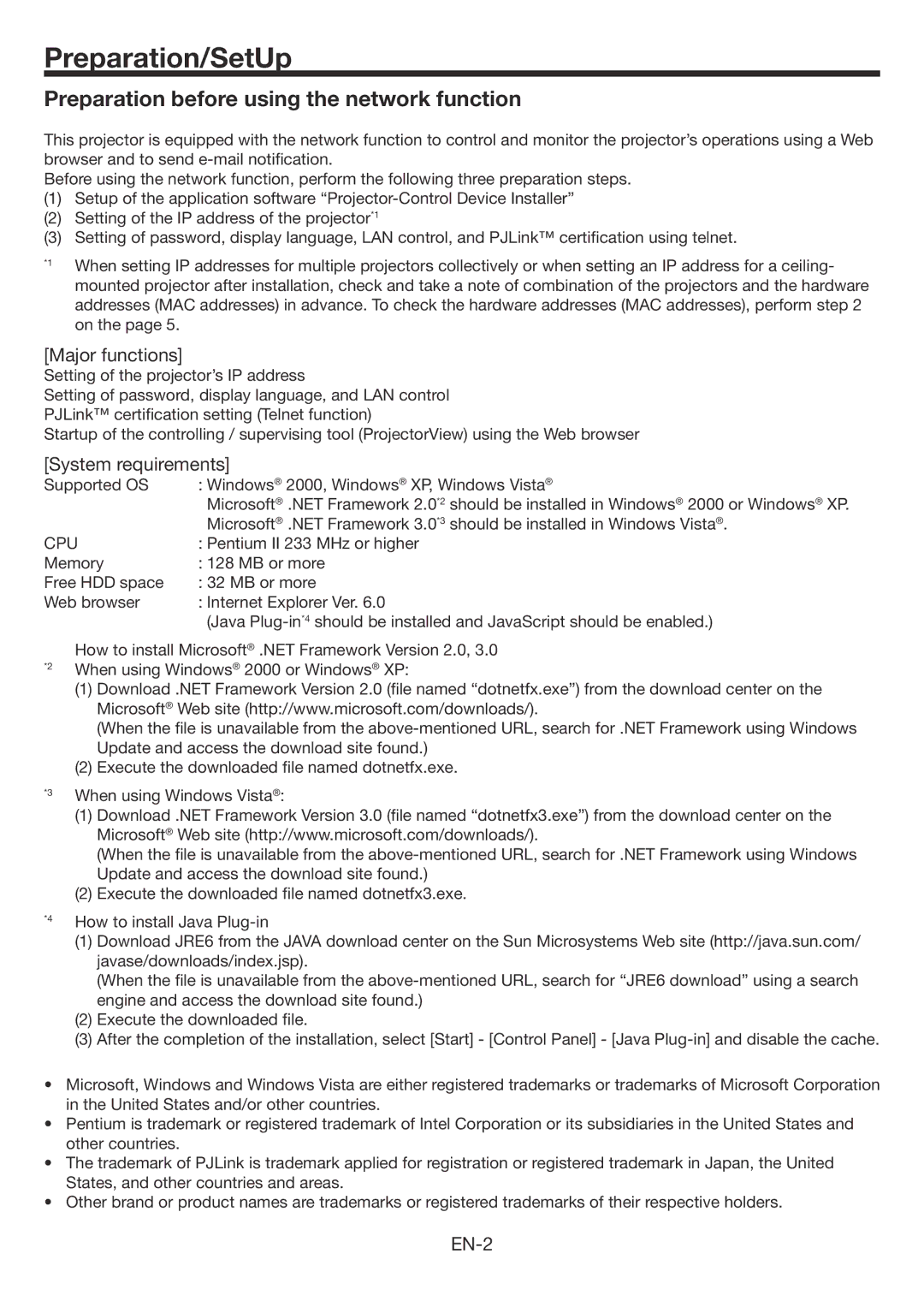 Mitsubishi Electronics WD3300U Preparation/SetUp, Preparation before using the network function, Major functions, EN-2 