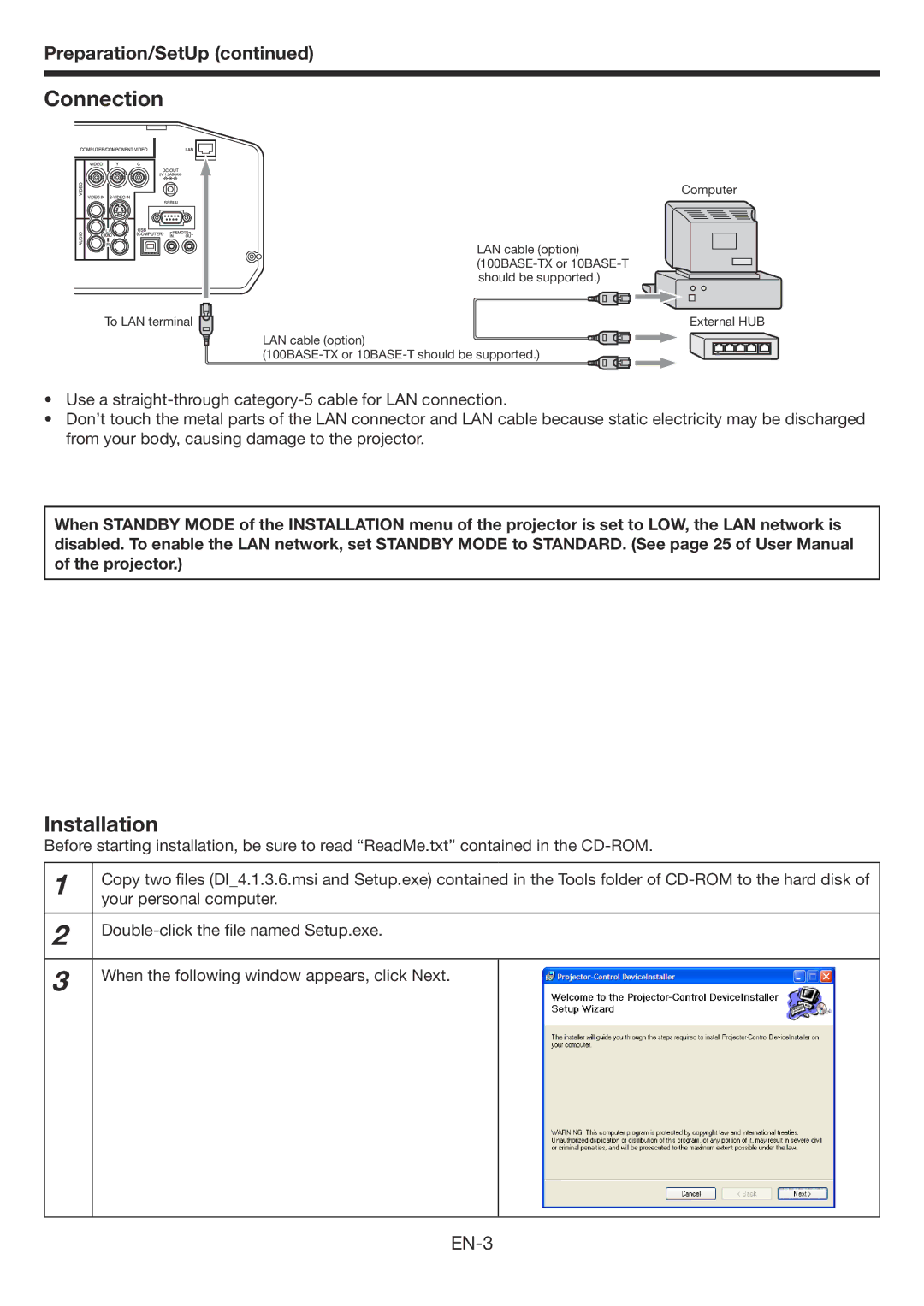 Mitsubishi Electronics WD3300U user manual Connection, Installation, Preparation/SetUp, EN-3 