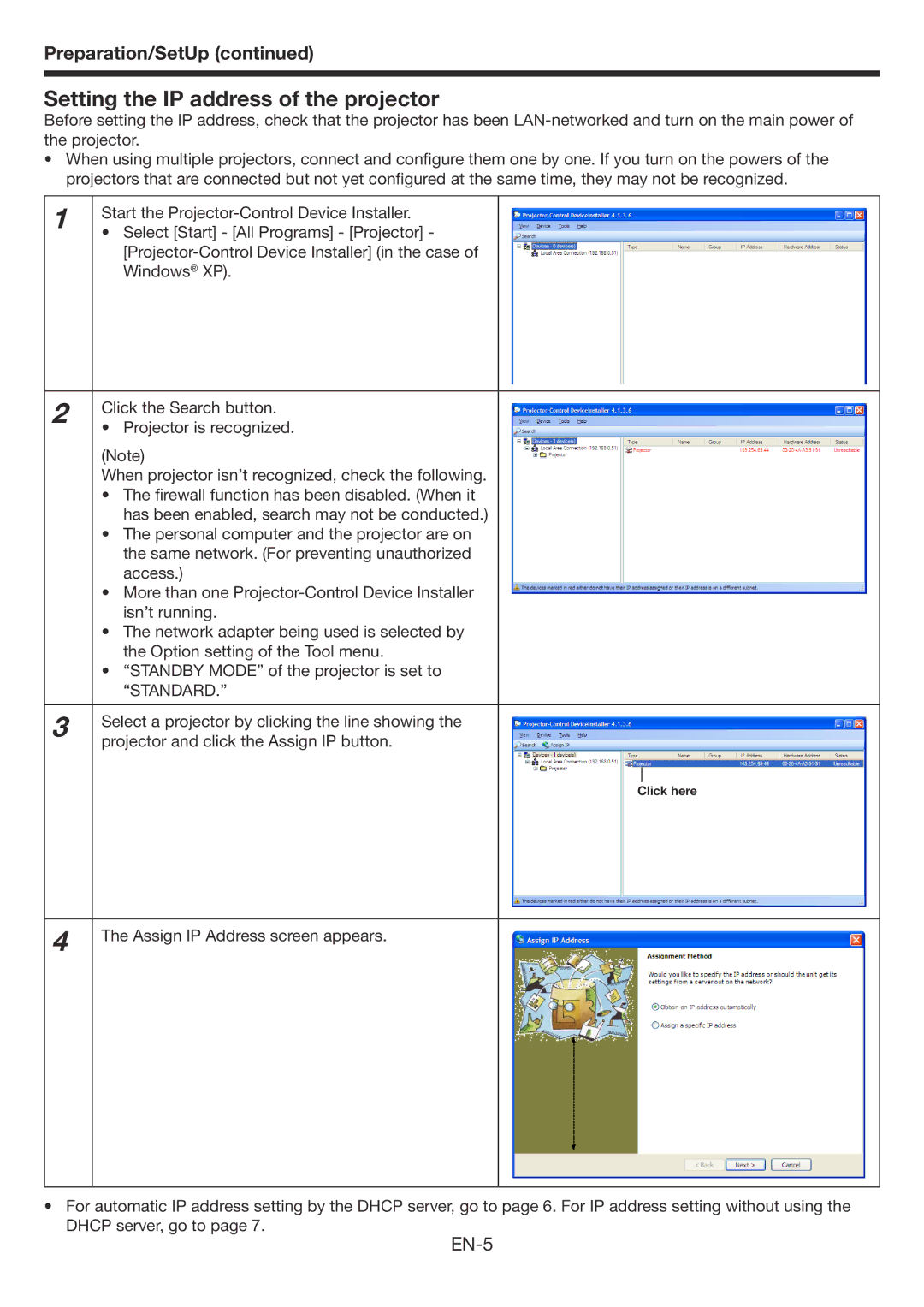 Mitsubishi Electronics WD3300U user manual Setting the IP address of the projector, EN-5 