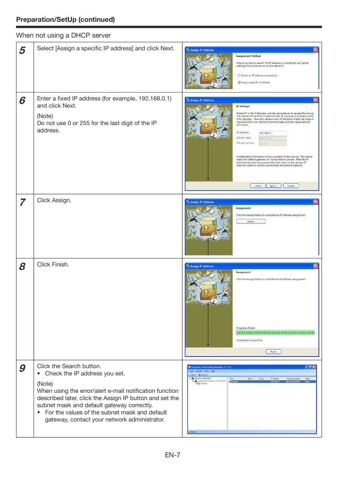 Mitsubishi Electronics WD3300U user manual When not using a Dhcp server, EN-7 