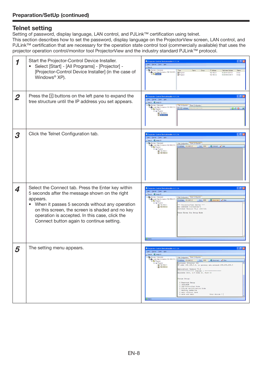 Mitsubishi Electronics WD3300U user manual Telnet setting, EN-8 