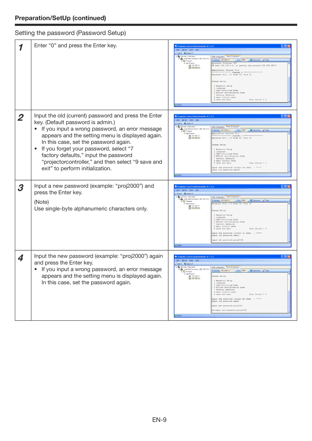 Mitsubishi Electronics WD3300U user manual Setting the password Password Setup, EN-9 