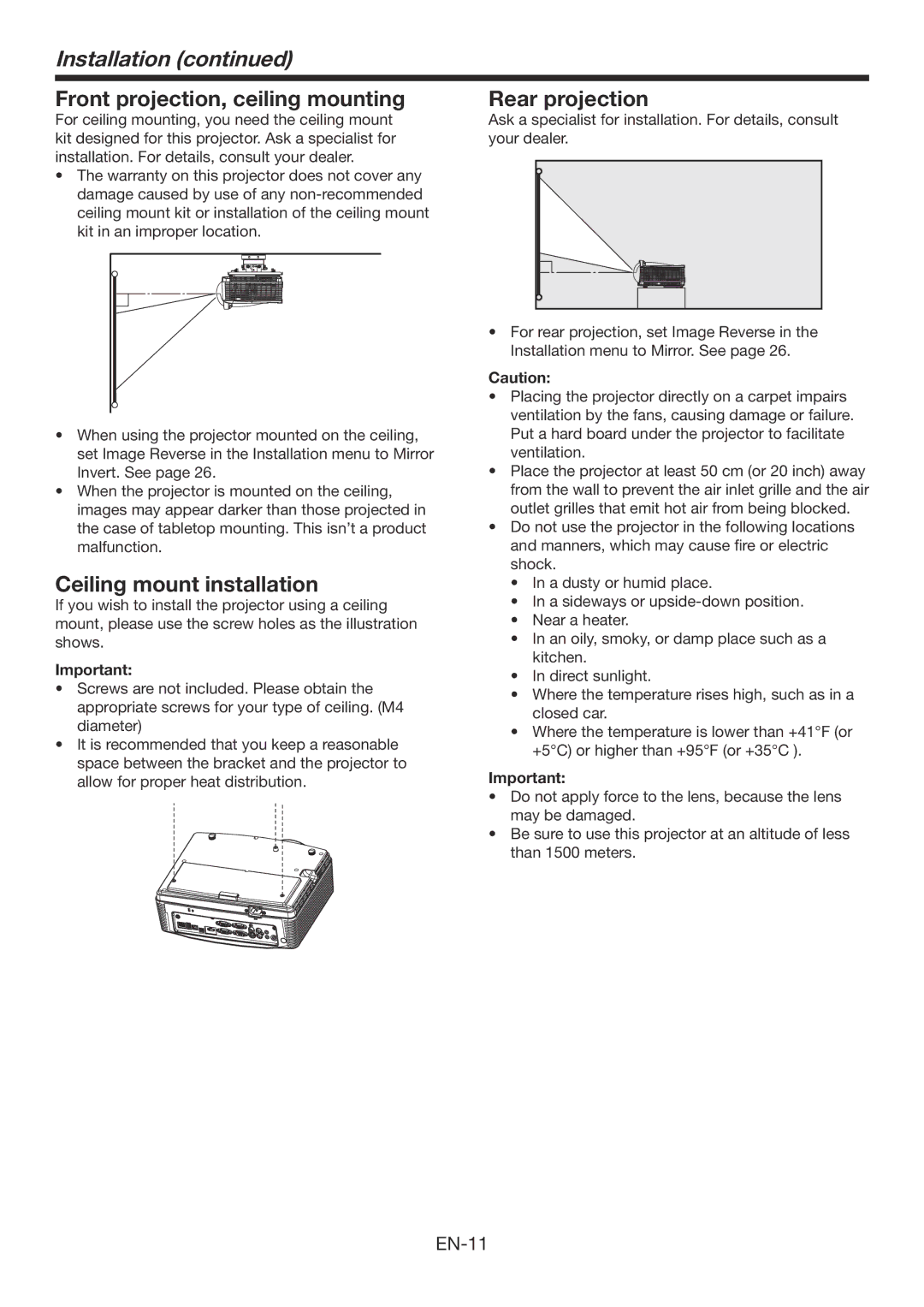 Mitsubishi Electronics WD385U-EST Front projection, ceiling mounting, Ceiling mount installation, Rear projection 