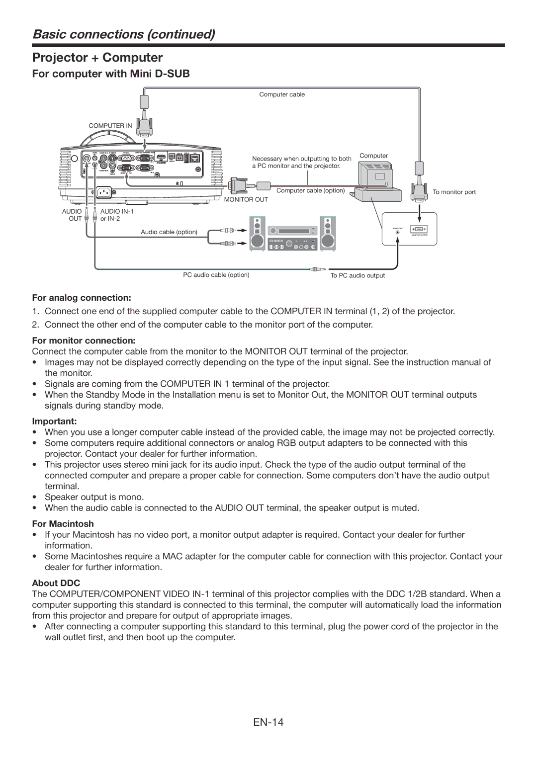 Mitsubishi Electronics WD385U-EST user manual Projector + Computer, For computer with Mini D-SUB 