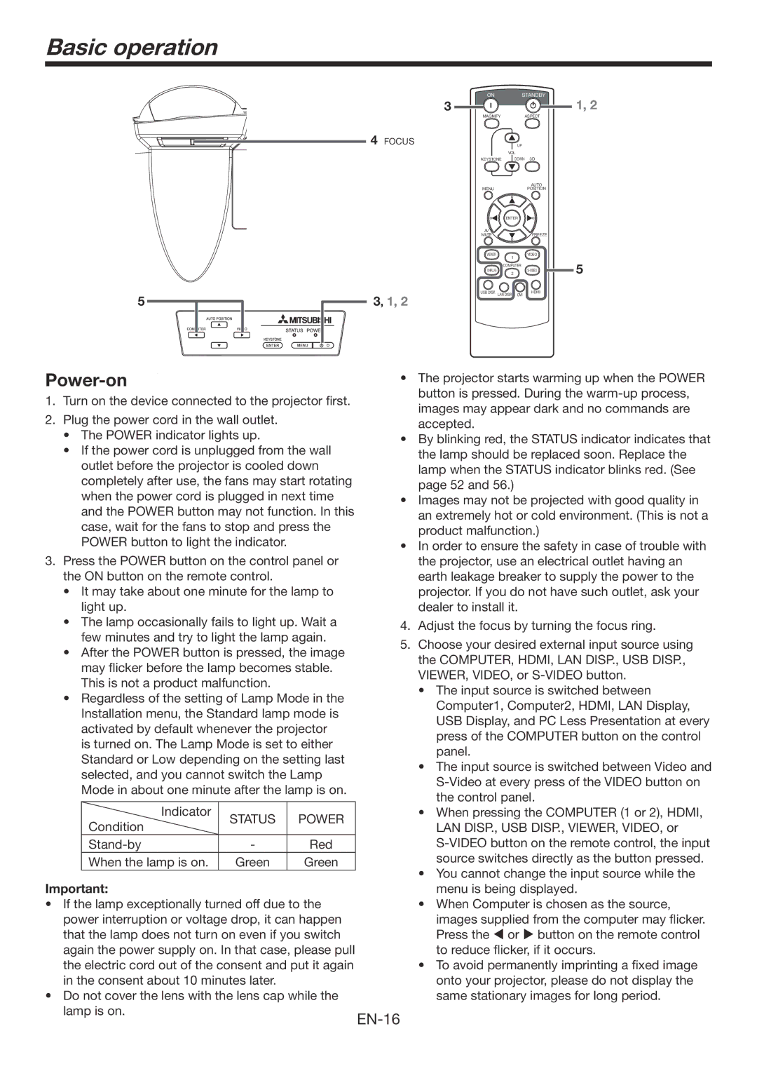 Mitsubishi Electronics WD385U-EST user manual Basic operation, Power-on, Status Power 