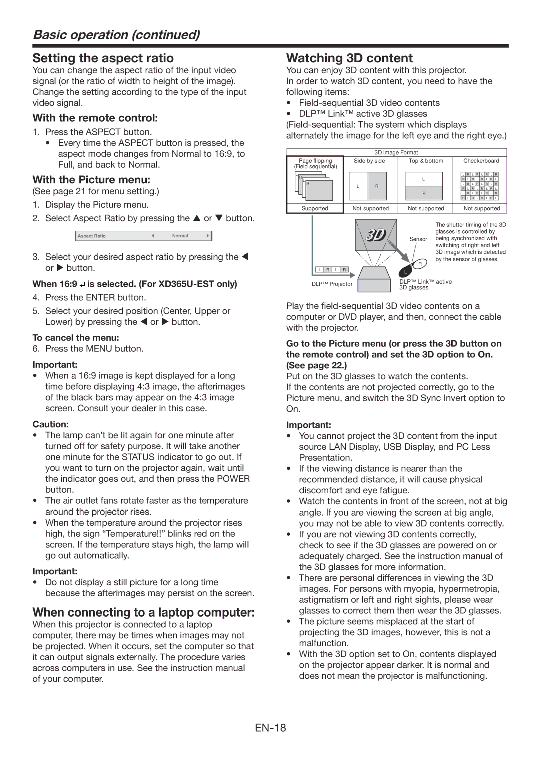 Mitsubishi Electronics WD385U-EST Setting the aspect ratio, When connecting to a laptop computer Watching 3D content 