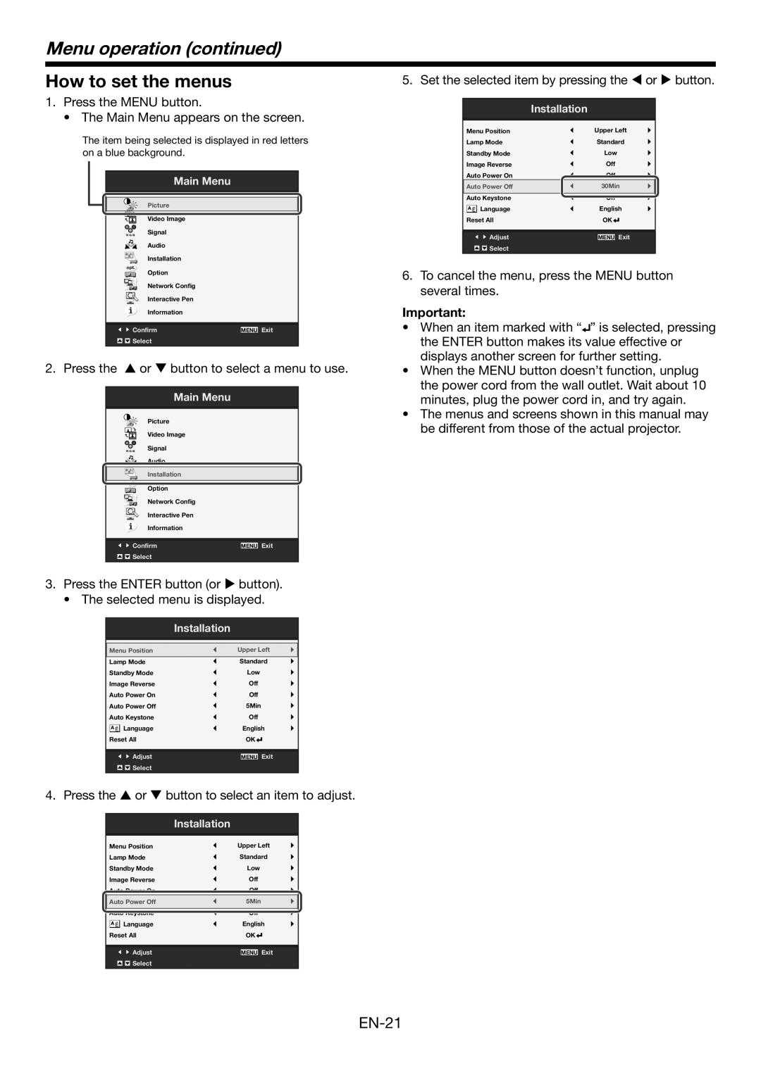 Mitsubishi Electronics WD385U-EST user manual Menu operation, How to set the menus, Main Menu, Installation 