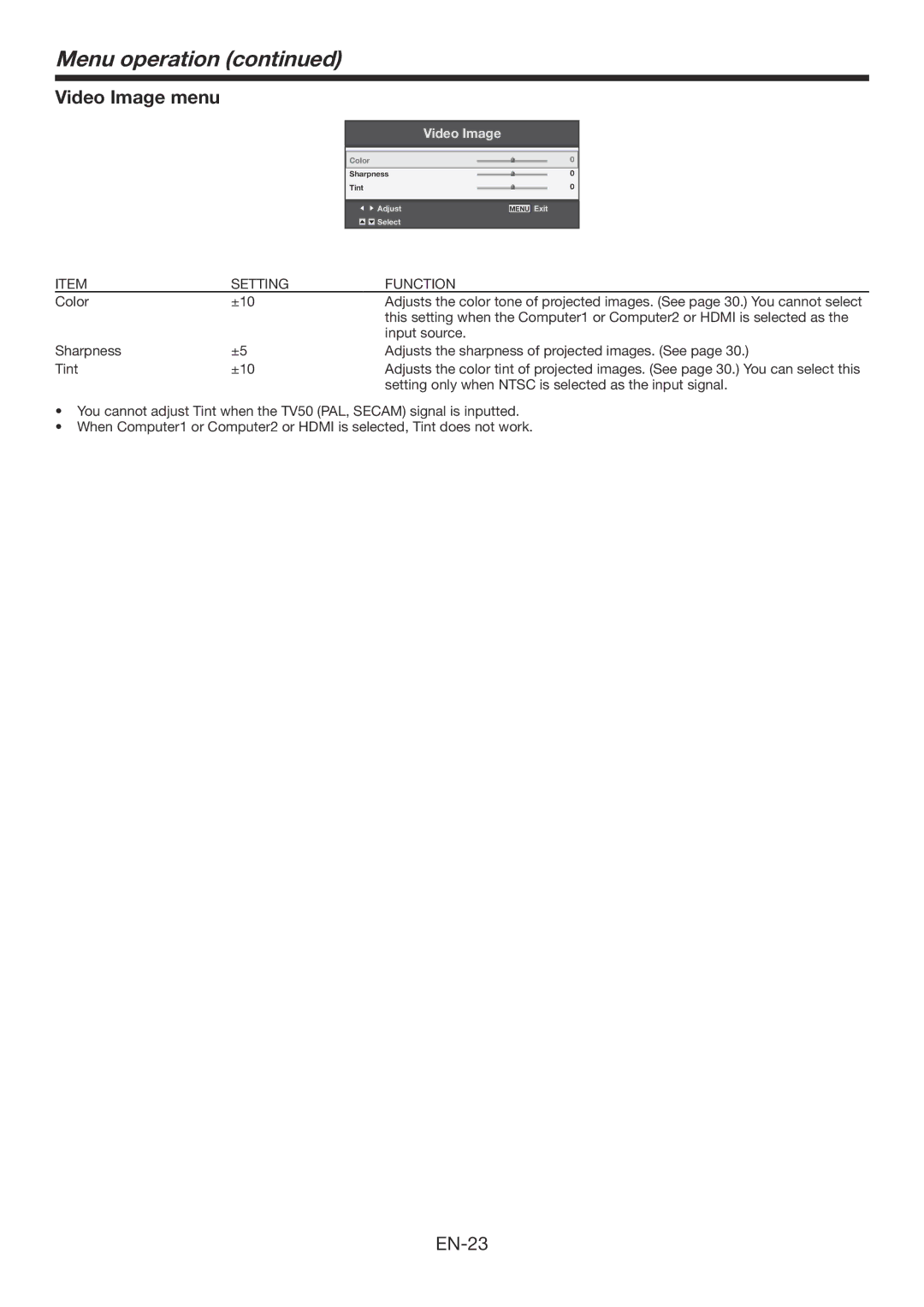 Mitsubishi Electronics WD385U-EST user manual Video Image menu 