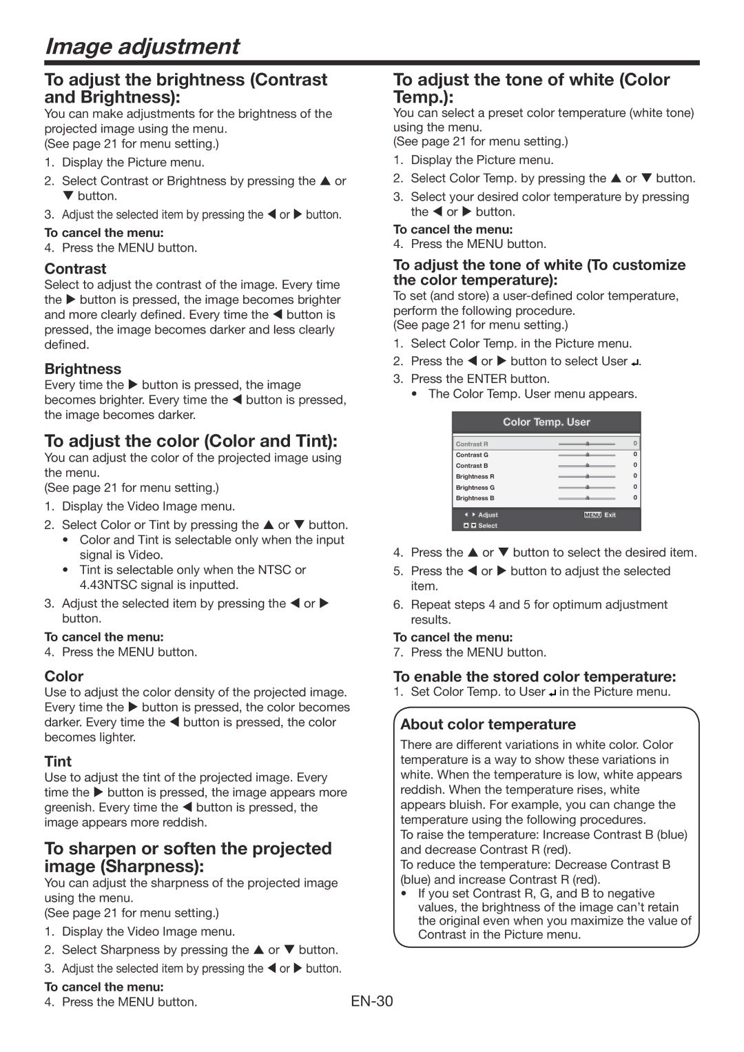 Mitsubishi Electronics WD385U-EST user manual Image adjustment, To adjust the brightness Contrast and Brightness 