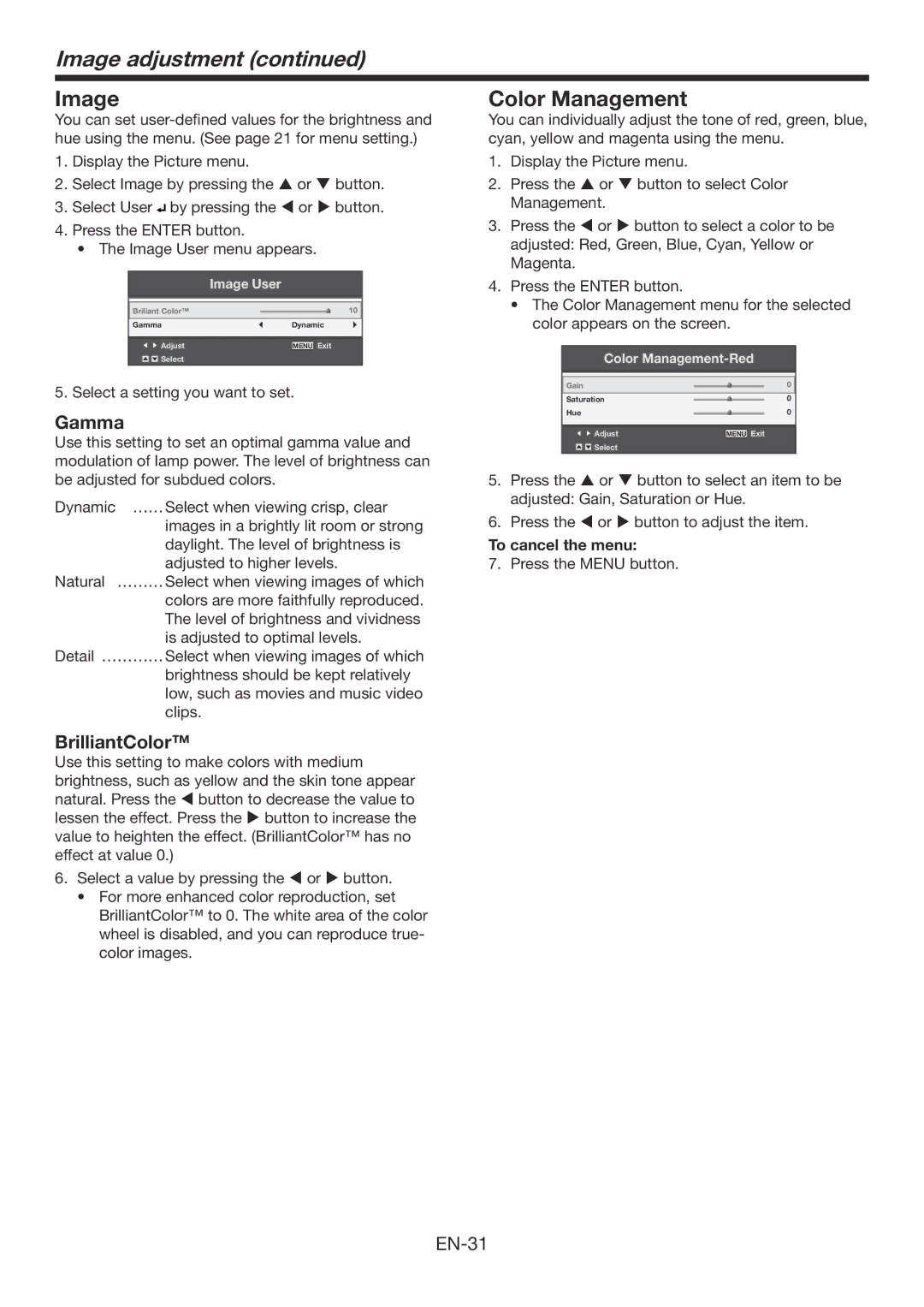 Mitsubishi Electronics WD385U-EST user manual Image adjustment, Color Management, Gamma, BrilliantColor 