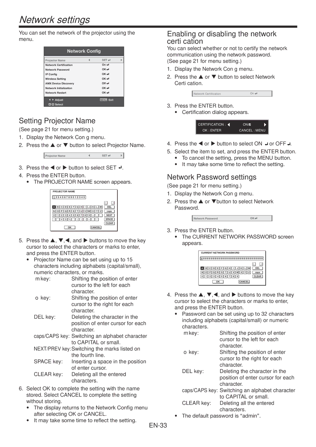 Mitsubishi Electronics WD385U-EST user manual Network settings, Enabling or disabling the network certification 