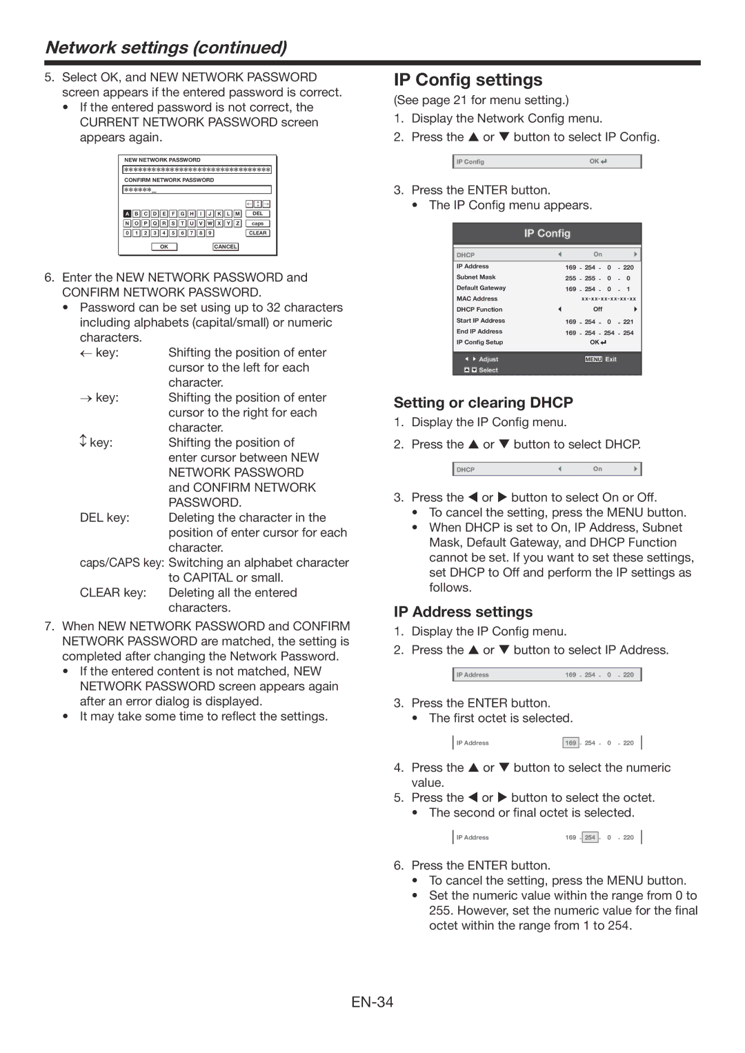 Mitsubishi Electronics WD385U-EST Network settings, IP Config settings, Setting or clearing Dhcp, IP Address settings 