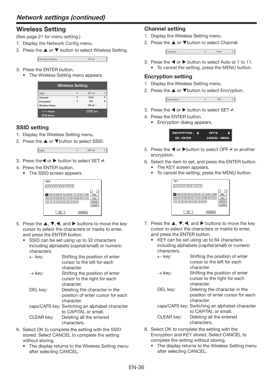 Mitsubishi Electronics WD385U-EST user manual Wireless Setting, Ssid setting Channel setting, Encryption setting 