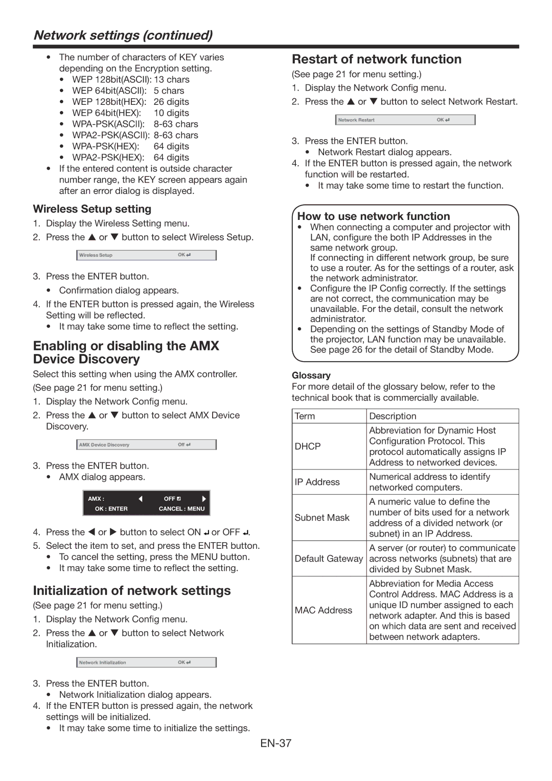 Mitsubishi Electronics WD385U-EST user manual Restart of network function, Enabling or disabling the AMX Device Discovery 