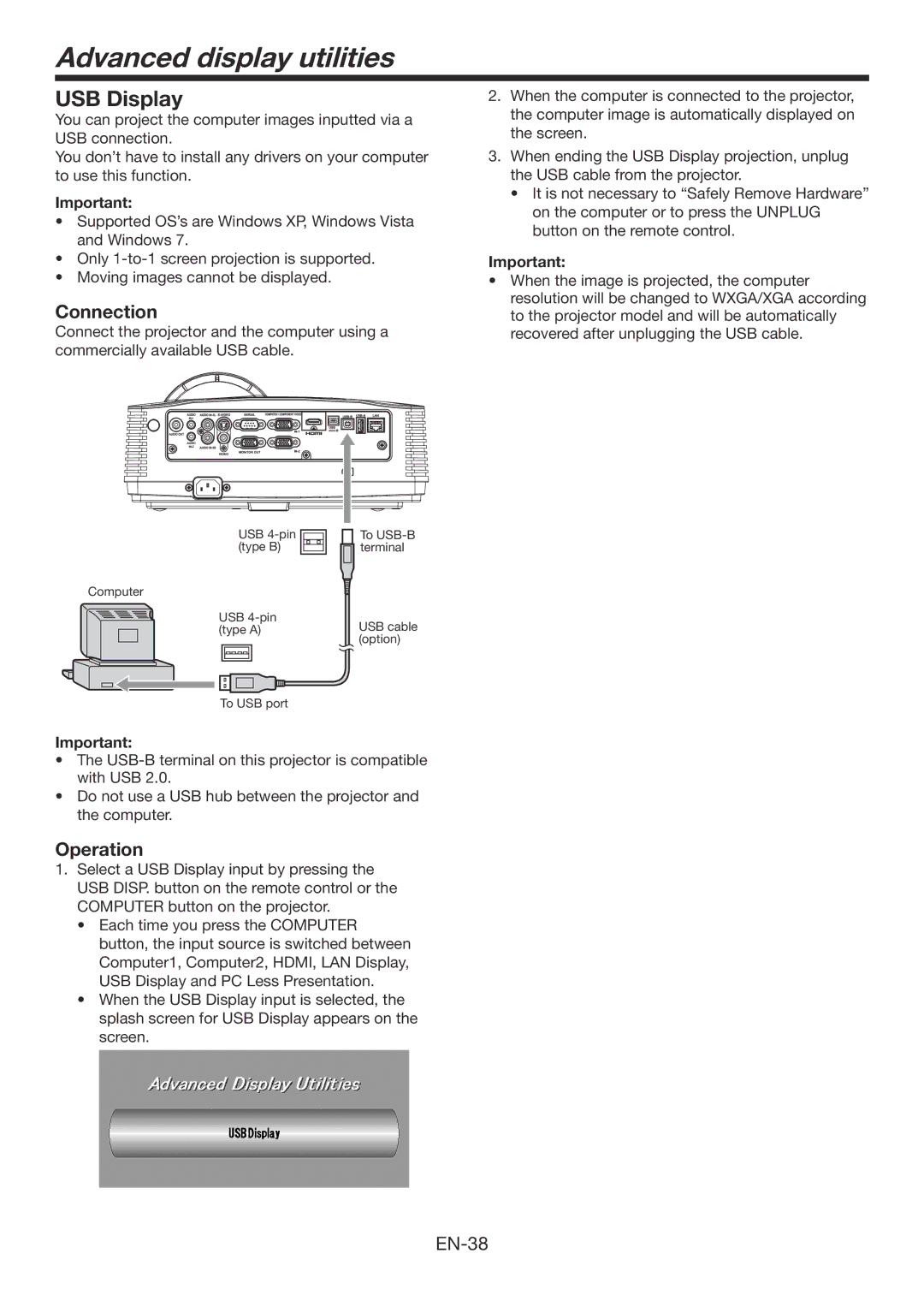 Mitsubishi Electronics WD385U-EST user manual Advanced display utilities, USB Display, Connection, Operation 