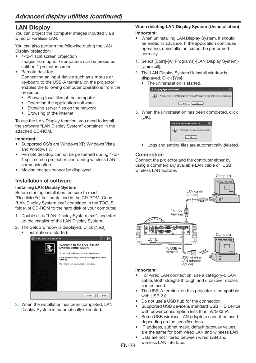 Mitsubishi Electronics WD385U-EST user manual Advanced display utilities, LAN Display, Installation of software 