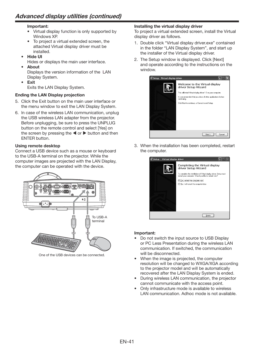 Mitsubishi Electronics WD385U-EST user manual Hide UI, About, Exit, Ending the LAN Display projection, Using remote desktop 