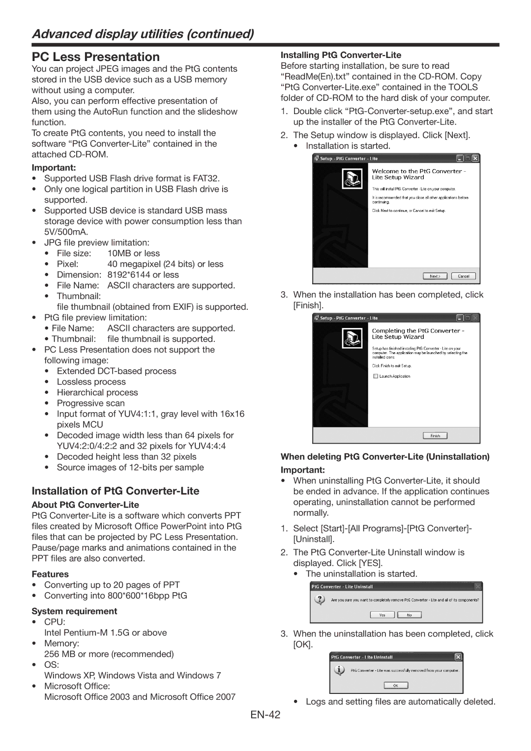 Mitsubishi Electronics WD385U-EST user manual PC Less Presentation, Installation of PtG Converter-Lite 